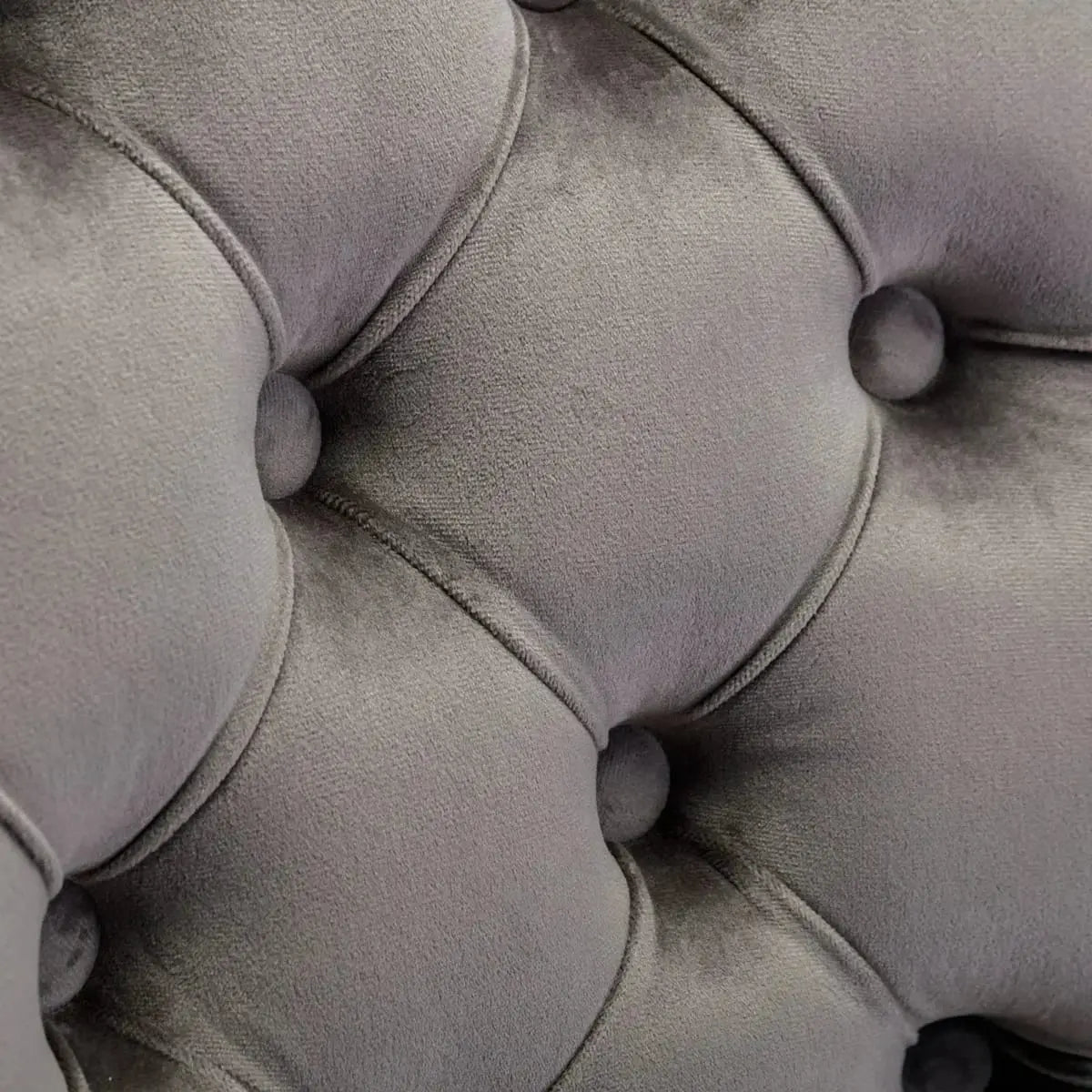 Gray velvet executive office chair with tufted back, ergonomic foam padding, and gold metal base by Platinum-Level Office Chairs.