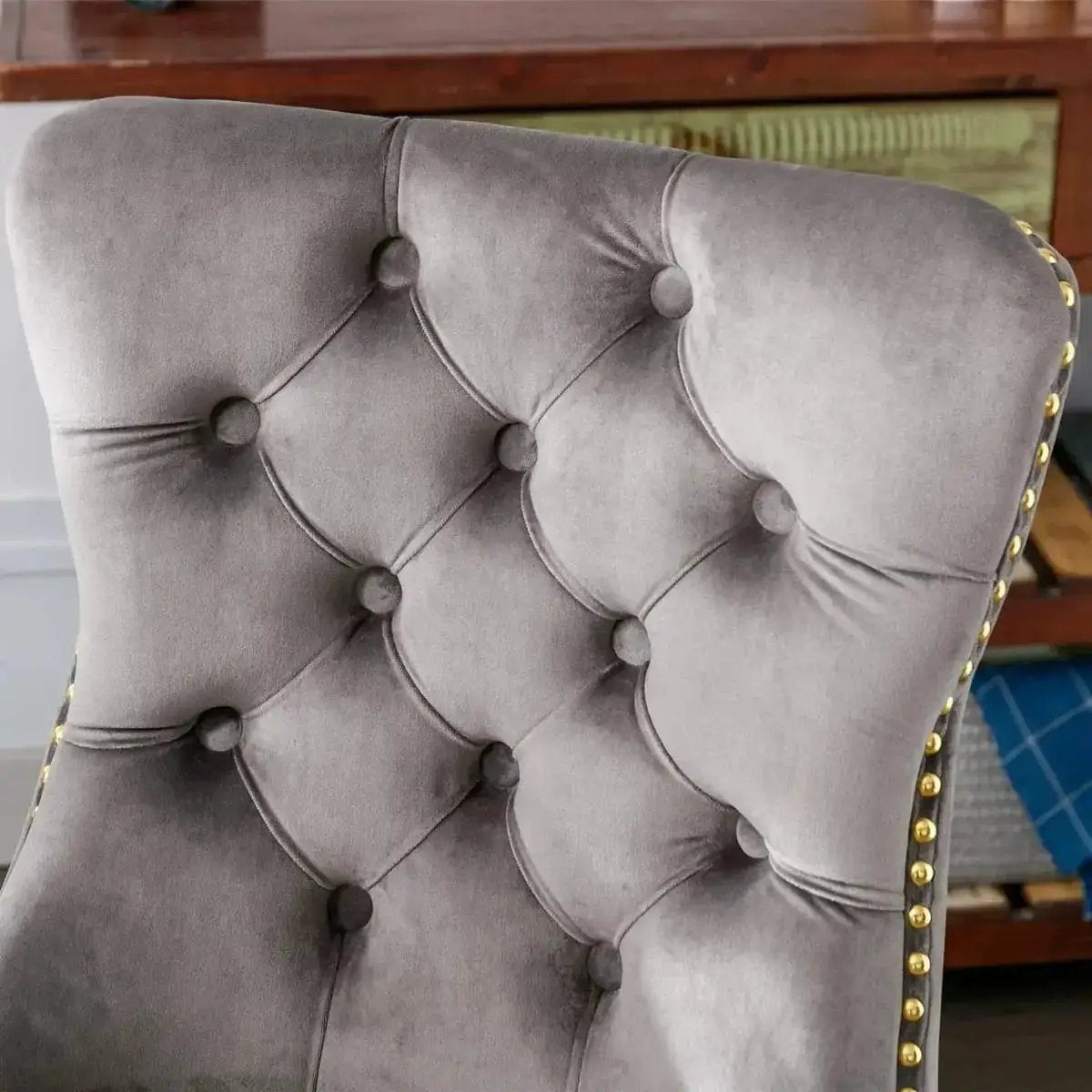 AA Furniture Gray Velvet Tufted Executive Office Chair with Ergonomic Foam Padded Seat and Gold Metal Base - Platinum-Level Office Chairs
