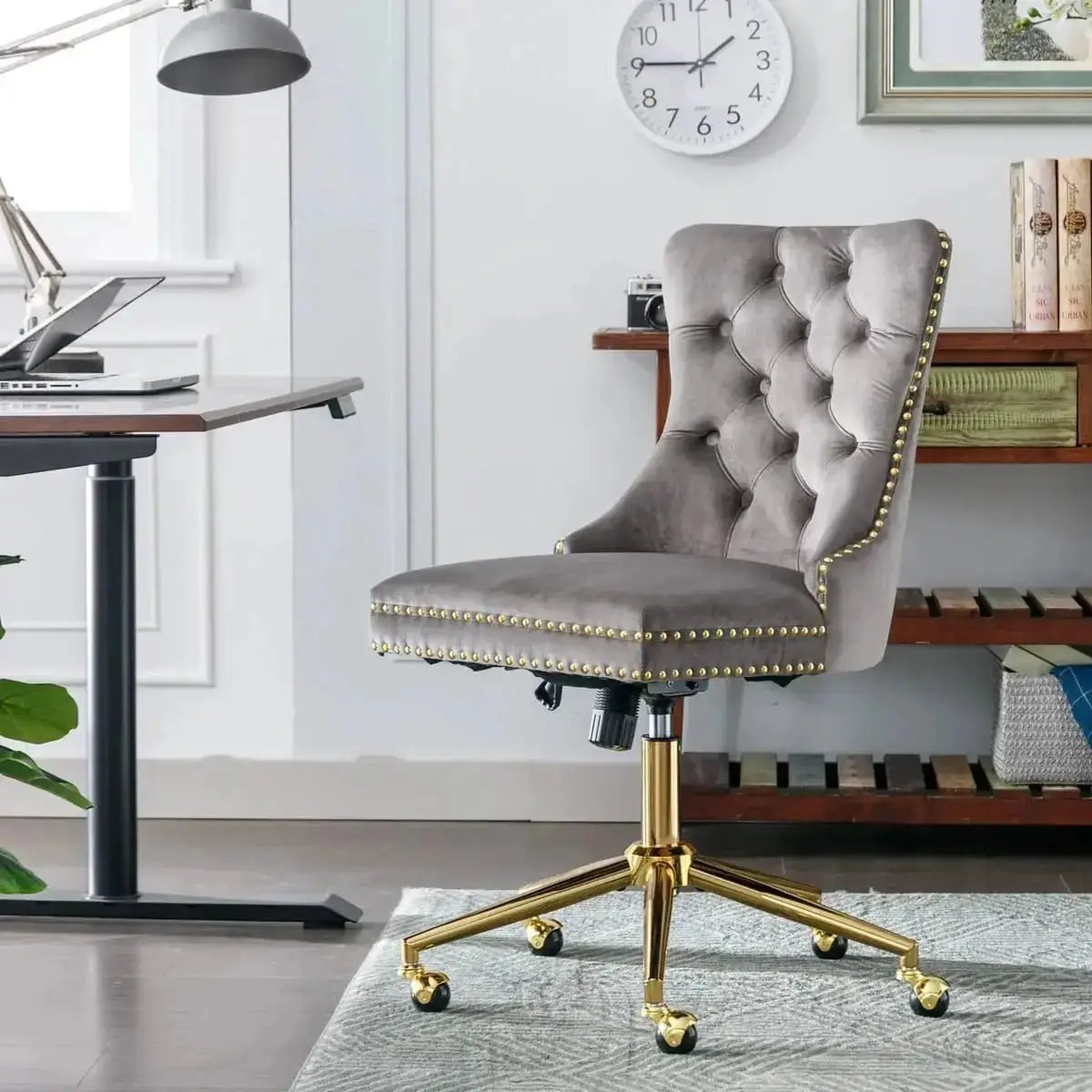 AA Furniture Gray Velvet Tufted Executive Office Chair with Ergonomic Foam Padded Seat and Gold Metal Base - Platinum-Level Office Chairs