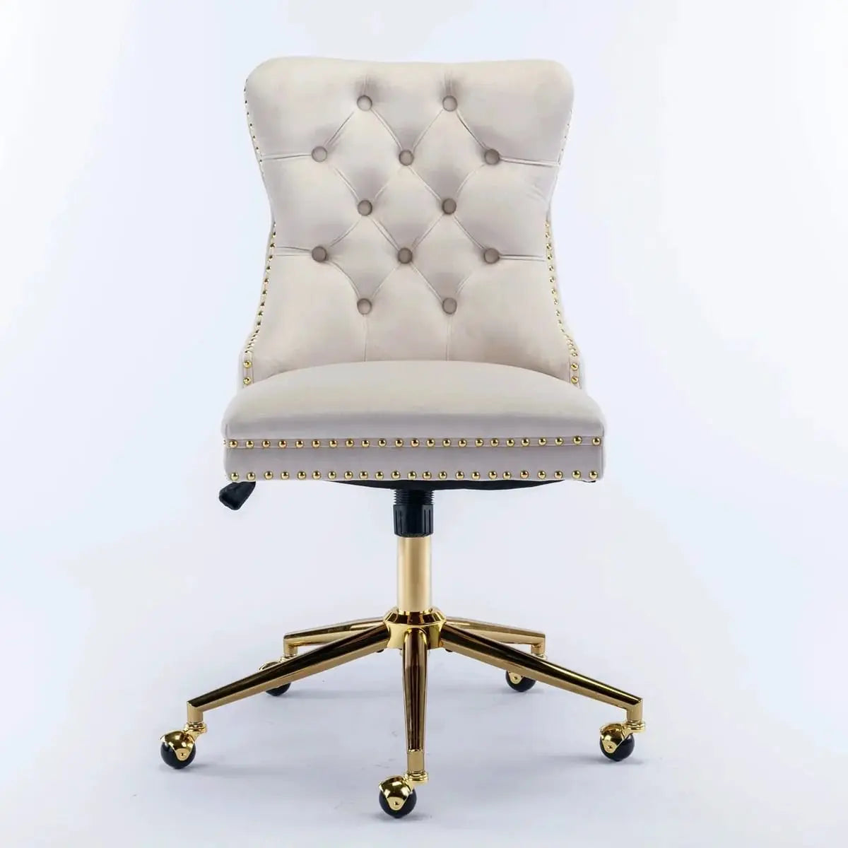 Luxurious beige velvet tufted office chair with gold metal base, executive swivel desk chair by Platinum-Level Office Chairs.
