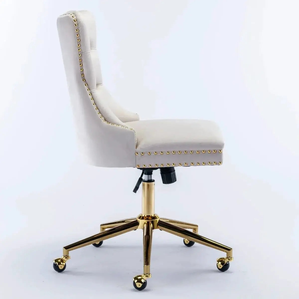 Luxurious beige velvet tufted office chair with gold metal base, executive swivel desk chair by Platinum-Level Office Chairs.