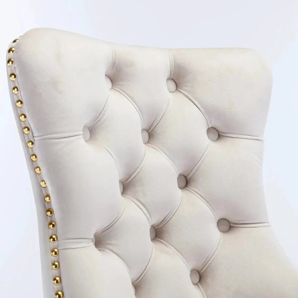 Luxurious beige velvet tufted office chair with gold metal base, executive swivel design, by Platinum-Level Office Chairs.
