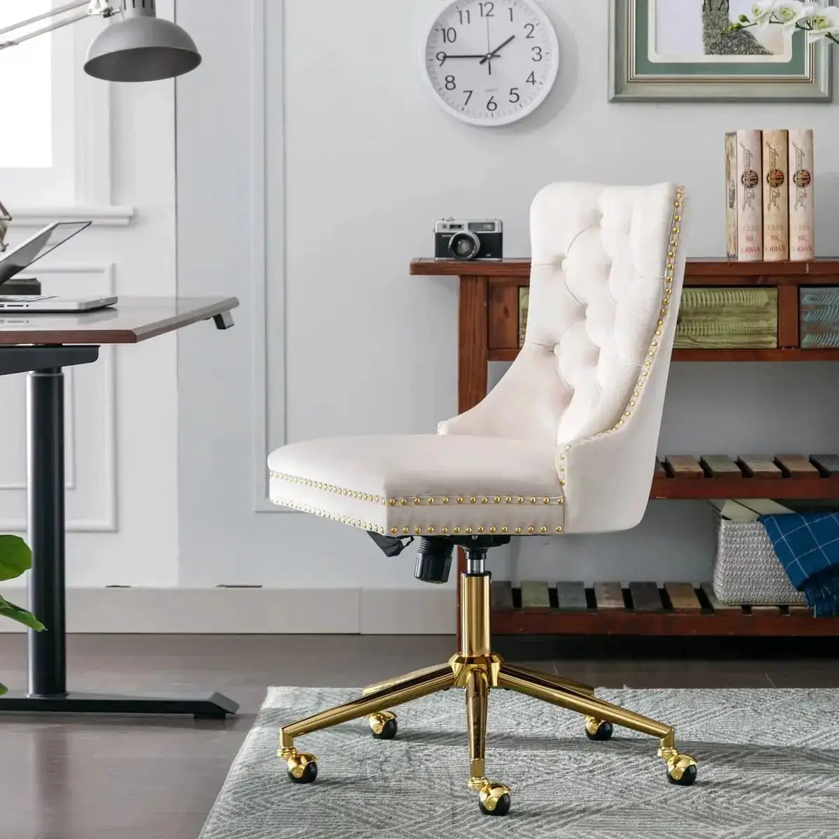 AA Furniture Luxurious Beige Velvet Tufted Office Chair With Gold Metal Base Executive Swivel Desk Chair