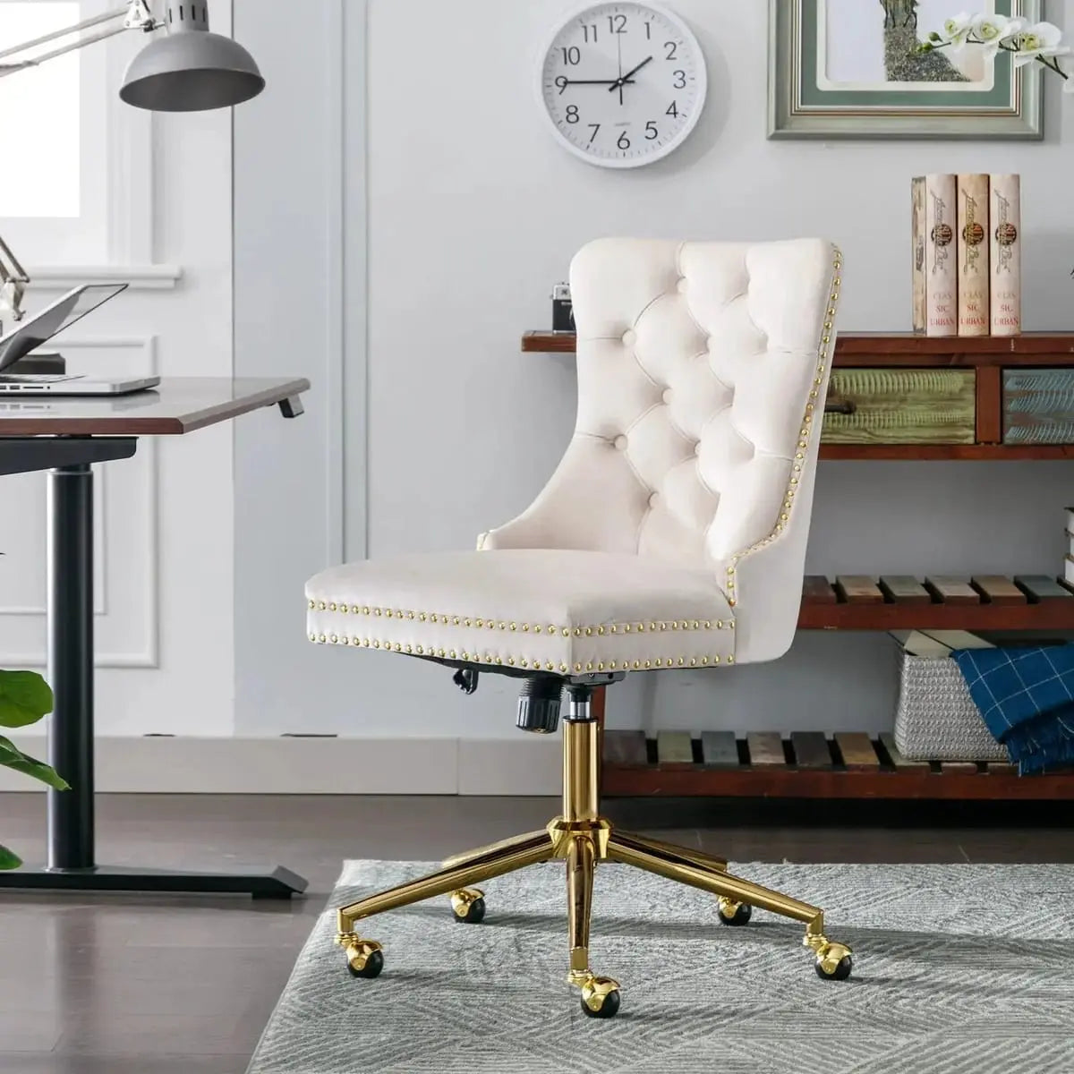 Luxurious beige velvet tufted office chair with gold metal base, executive swivel desk chair by Platinum-Level Office Chairs.
