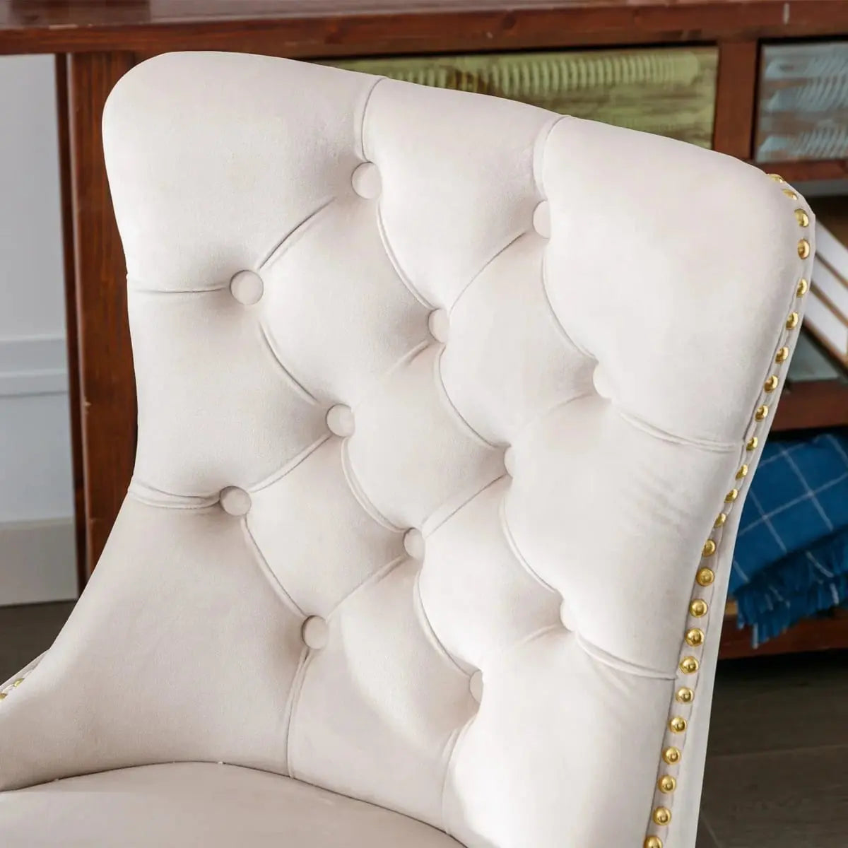 Luxurious beige velvet tufted office chair with gold metal base, executive swivel desk chair from Platinum-Level Office Chairs.