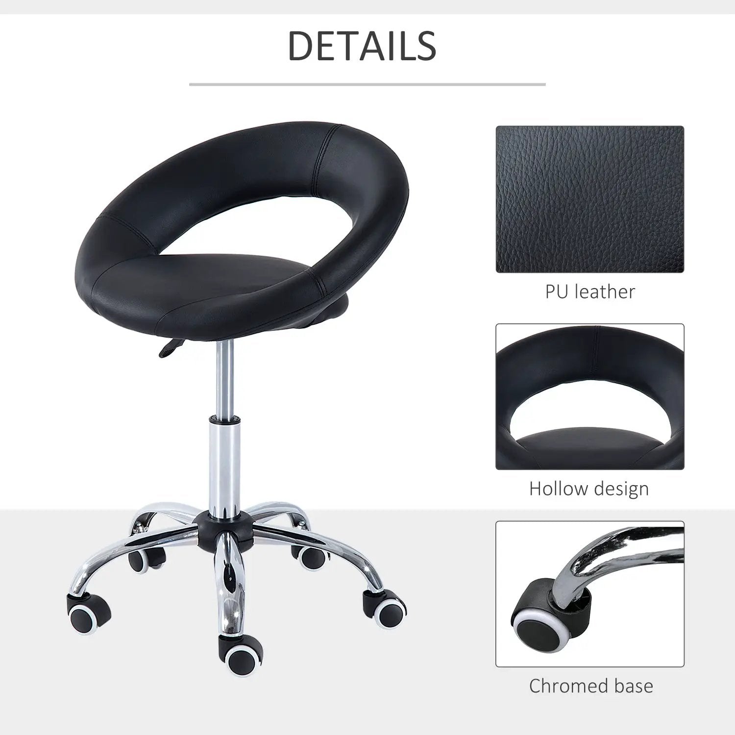Black adjustable height salon and office stool with open back, faux leather upholstery, swivel seat, and casters.