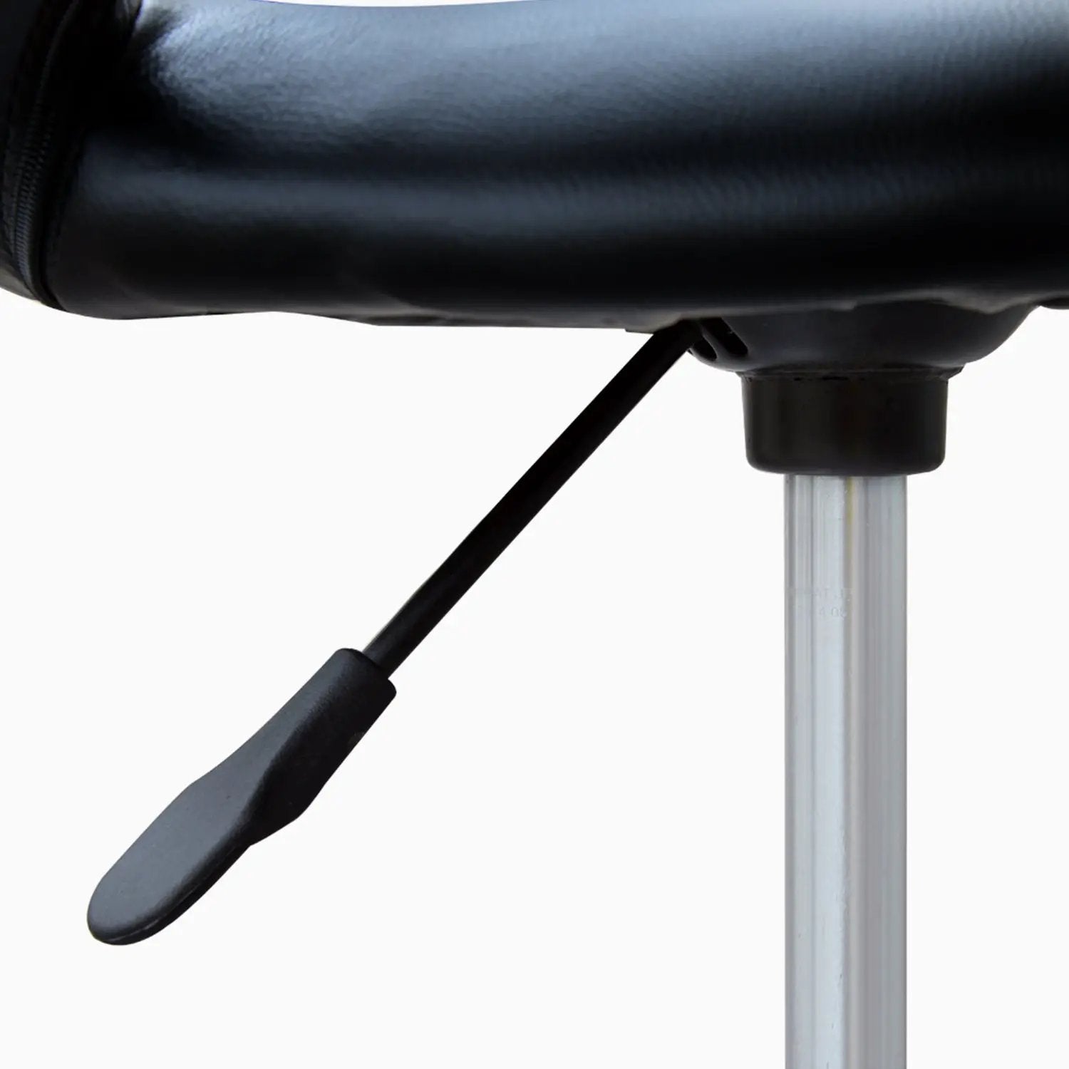 Black adjustable height rolling salon and office stool with open back, faux leather seat, swivel base, and casters by Platinum-Level Office Chairs.