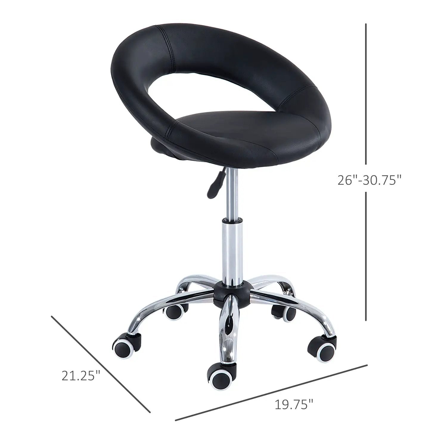 Black adjustable height rolling salon office stool with open back, faux leather seat, swivel design, and casters by Platinum-Level Office Chairs.