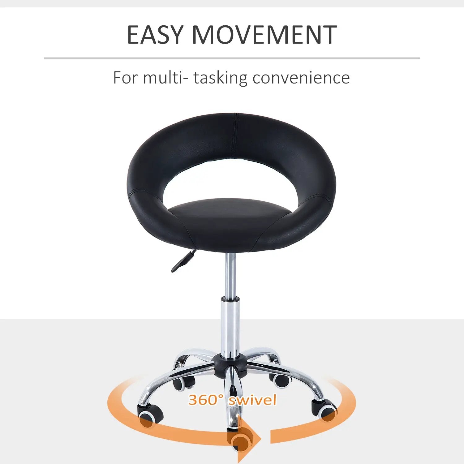 Black adjustable height rolling salon office stool with open back, faux leather seat, swivel design, and casters by Platinum-Level Office Chairs.