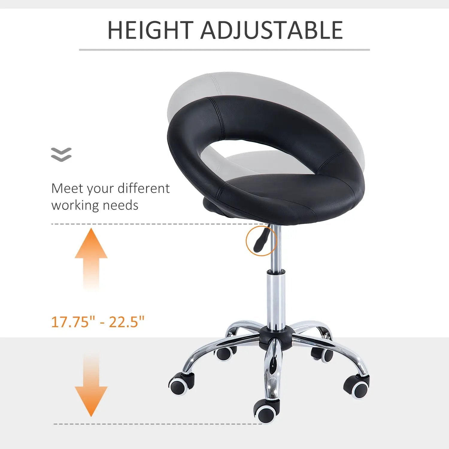 Black adjustable height rolling salon office stool with open back, faux leather seat, swivel base, and casters by Platinum-Level Office Chairs.