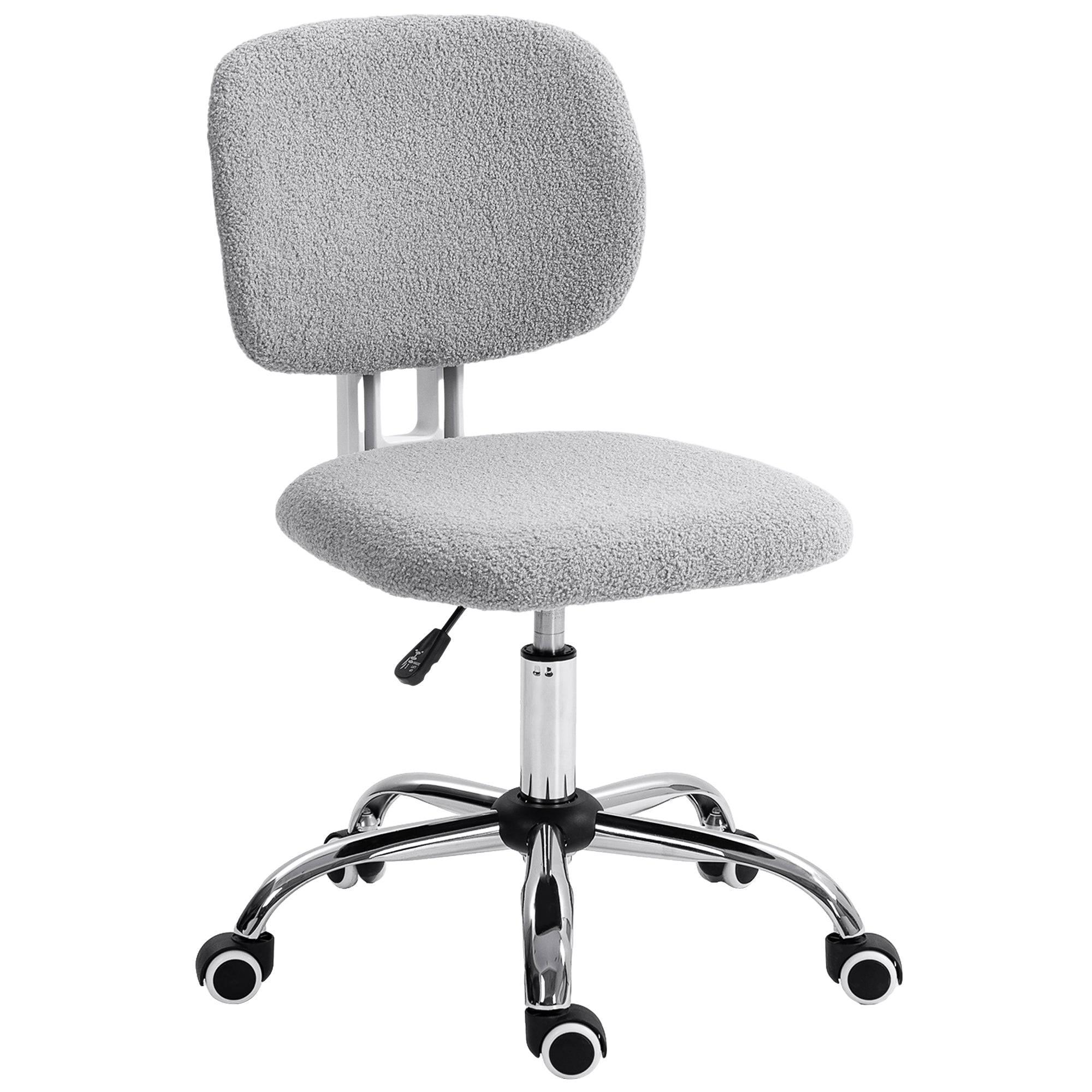 Adorable Light Gray Armless Desk Chair with Teddy Fleece Upholstery, Adjustable Height, and Swivel Wheels - Platinum-Level Office Chairs