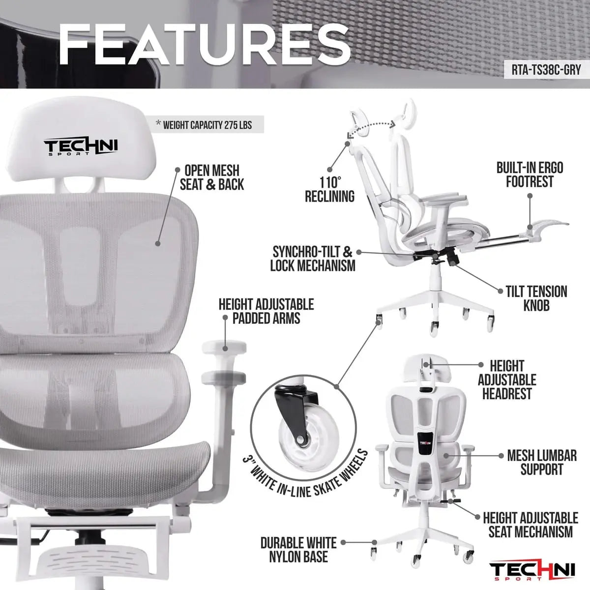Techni Sport AIRFLEX2.0 White Mesh Gaming Chair - Ergonomic, Breathable, 110° Recline, Footrest for Gamers Platinum-Level Office Chairs