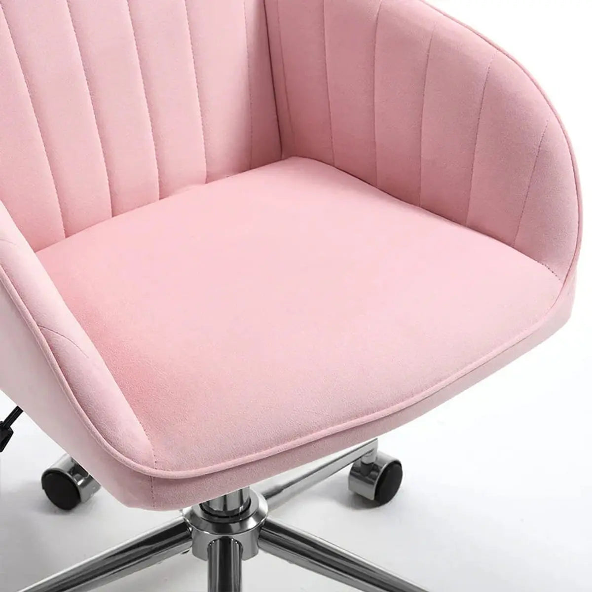 Baby pink velvet ergonomic swivel office chair with adjustable height, lumbar support, and memory foam cushion from Platinum-Level Office Chairs.