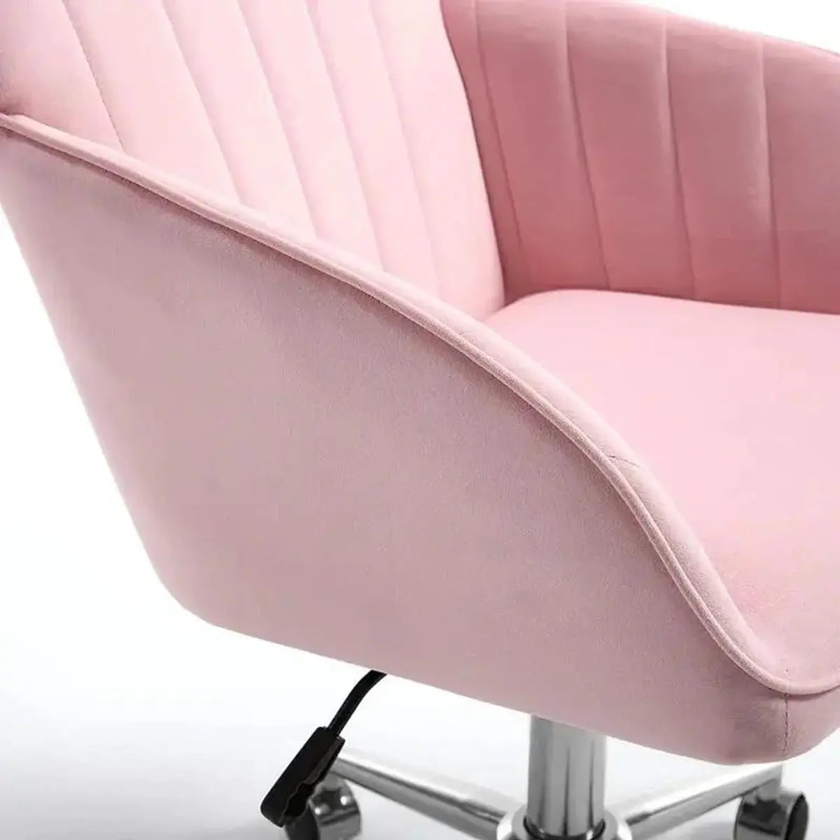 Baby pink velvet ergonomic swivel office chair with adjustable height, lumbar support, and memory foam cushion by Platinum-Level Office Chairs.