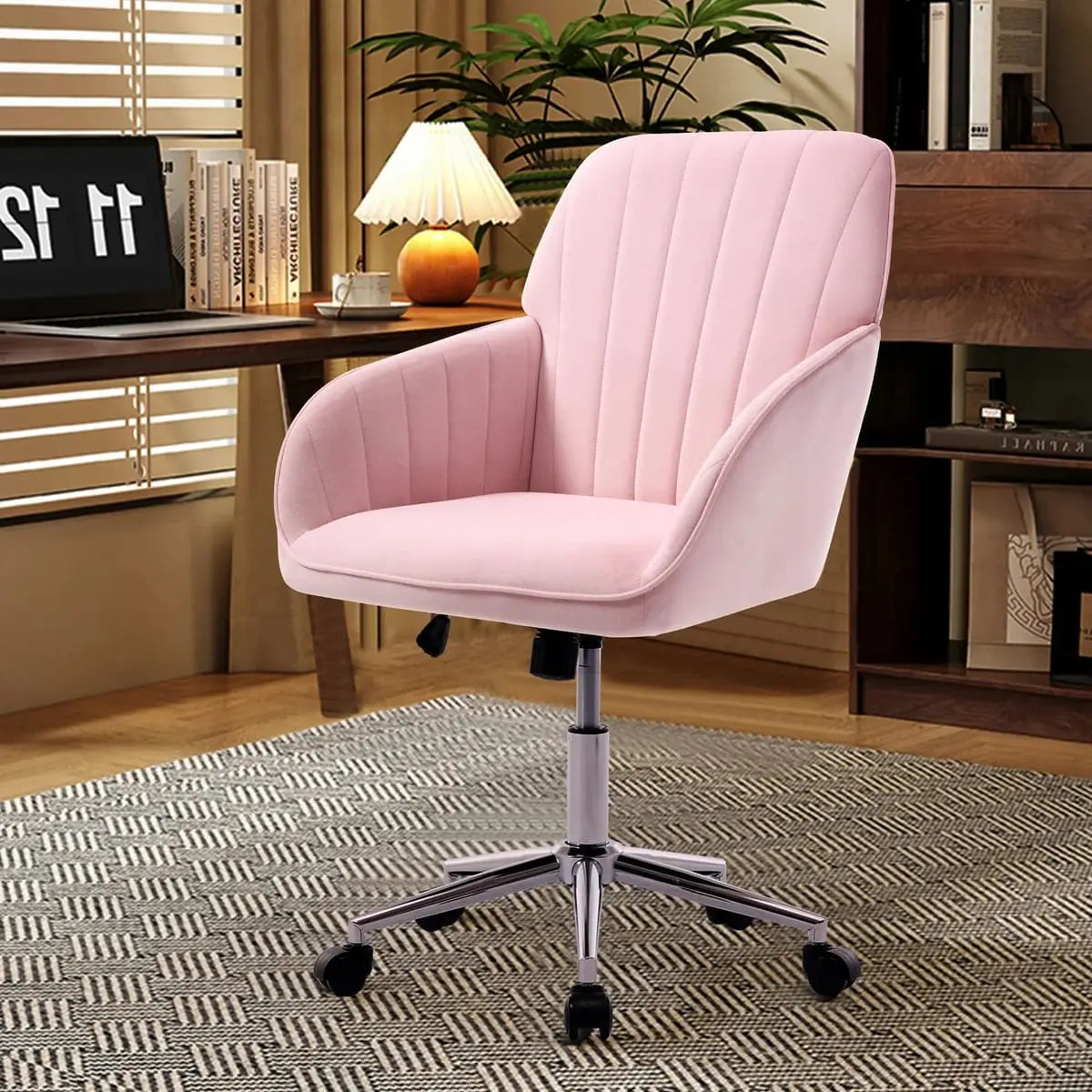 Baby pink velvet ergonomic swivel office chair with adjustable height, lumbar support, and memory foam cushion from Platinum-Level Office Chairs.