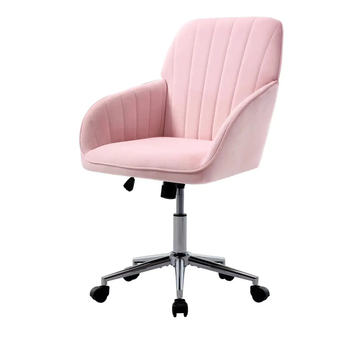 Baby pink velvet ergonomic swivel office chair with adjustable height, lumbar support, and memory foam cushion by Platinum-Level Office Chairs.