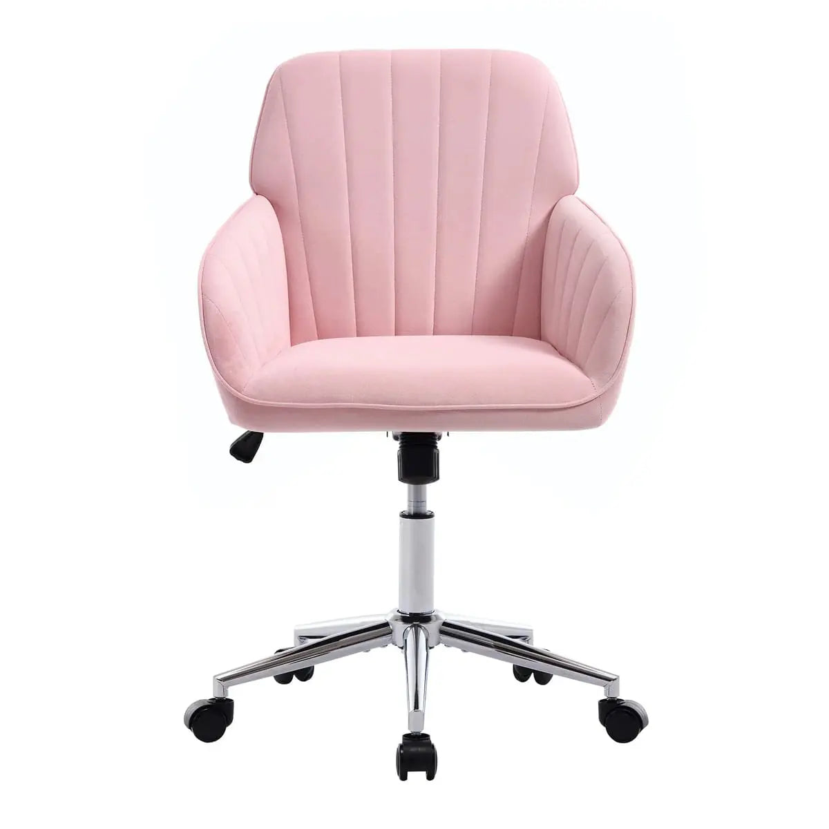Baby pink velvet ergonomic swivel office chair by Platinum-Level Office Chairs with adjustable height, lumbar support, and memory foam cushion.