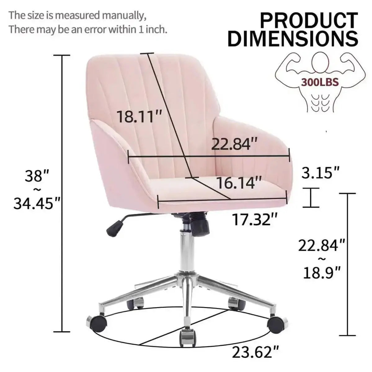 Baby pink velvet ergonomic swivel office chair with adjustable height, lumbar support, and memory foam cushion by Platinum-Level Office Chairs.