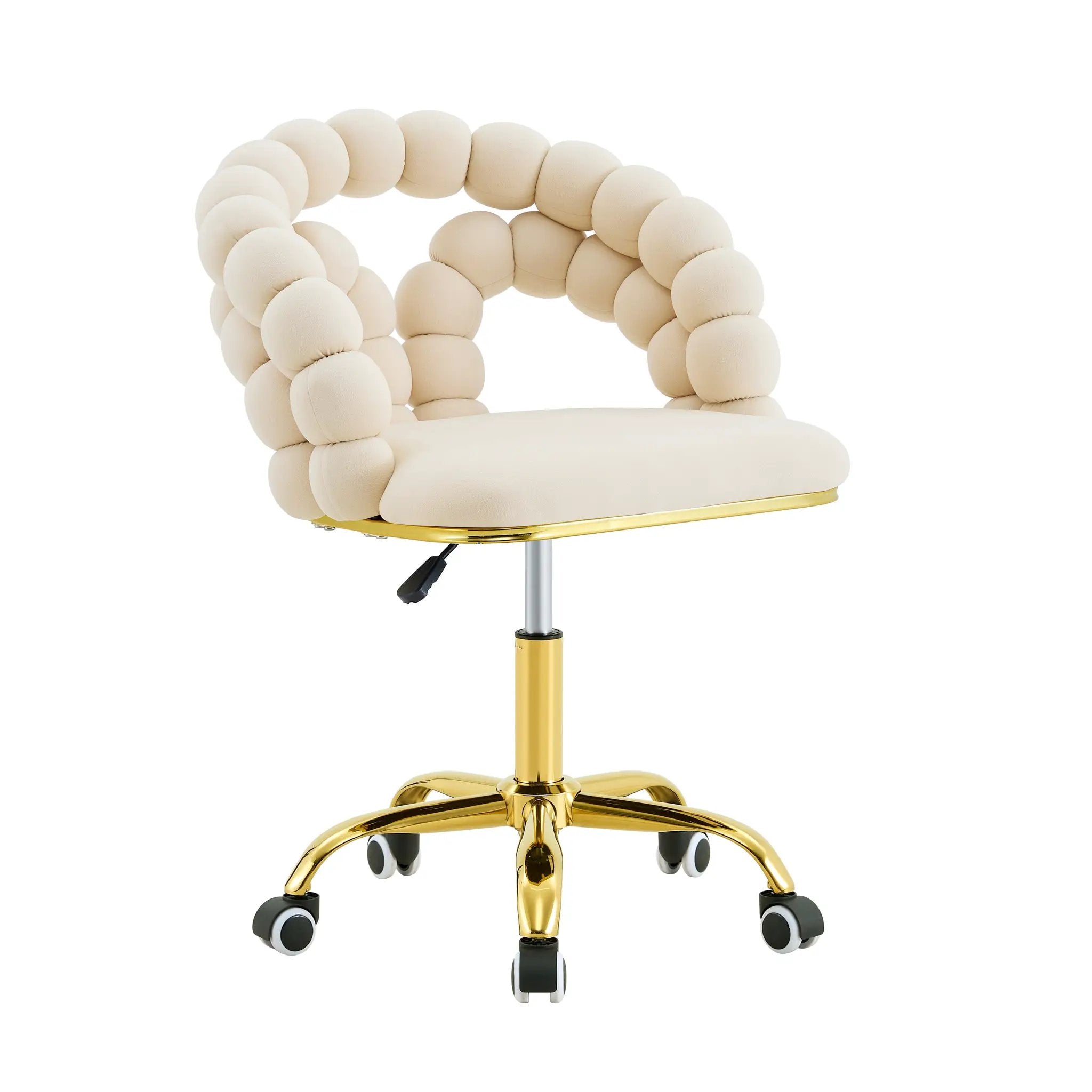 Beige velvet adjustable swivel desk chair by Platinum-Level Office Chairs with gold metal base and modern design
