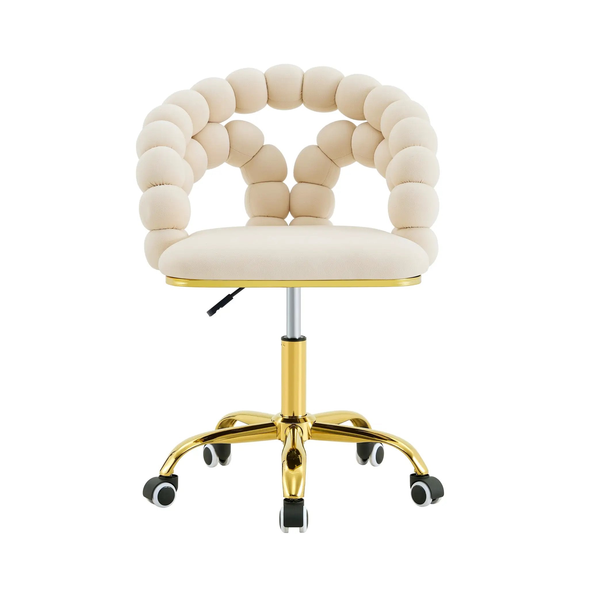 Beige velvet adjustable swivel desk chair with gold metal base by Platinum-Level Office Chairs, featuring a cushioned seat and modern design.