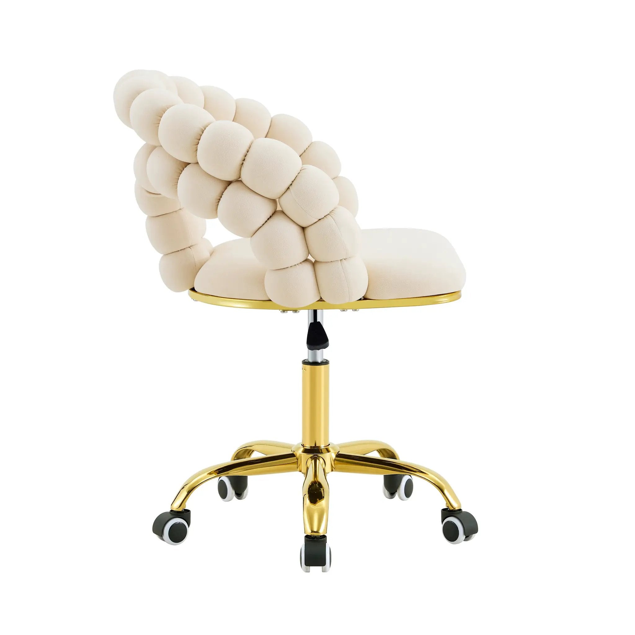Beige velvet adjustable swivel desk chair with gold metal base and armrests, by Platinum-Level Office Chairs.