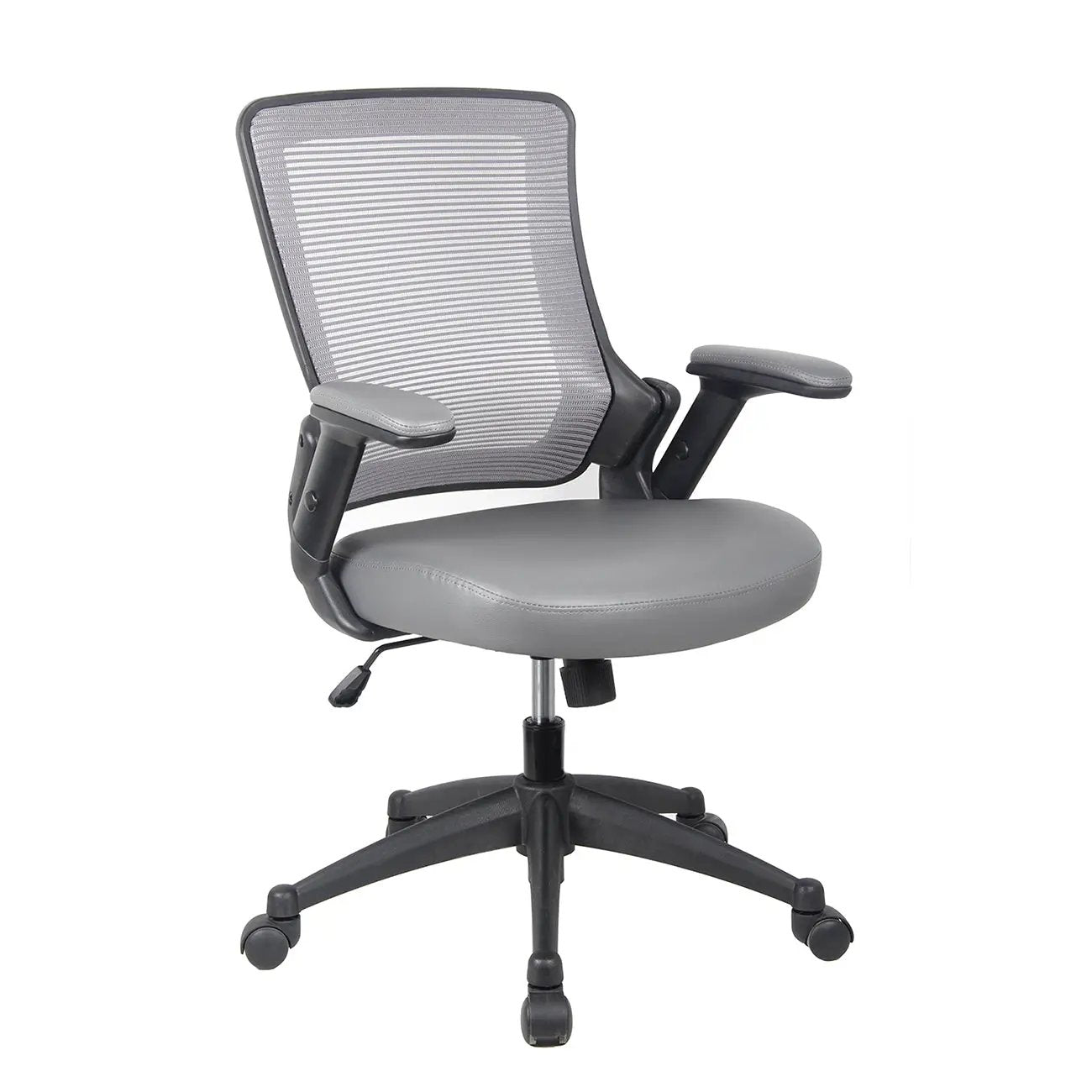 Grey platinum-level office chair with mid-back mesh design and adjustable arms, ideal for ergonomic workspace comfort.