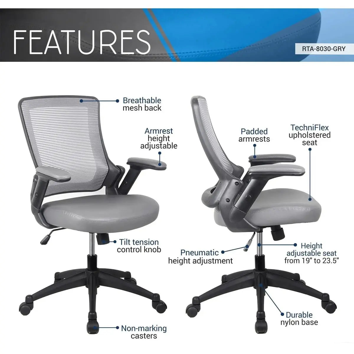 Comfortable Mid-Back Mesh Office Chair with Adjustable Arms Grey Platinum-Level Office Chairs