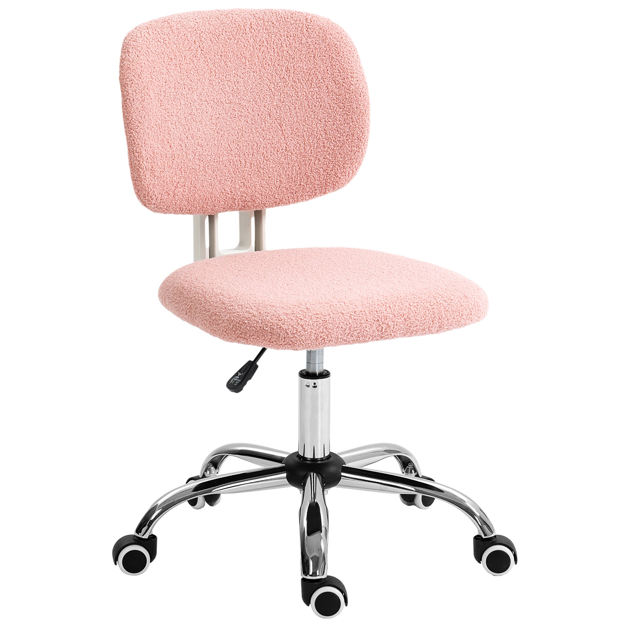Cute Armless Office Chair, Teddy Fleece Fabric Computer Desk Chair, Vanity Task Chair with Adjustable Height, Swivel Wheels, Mid Back, Pink - Platinum-Level Office Chairs