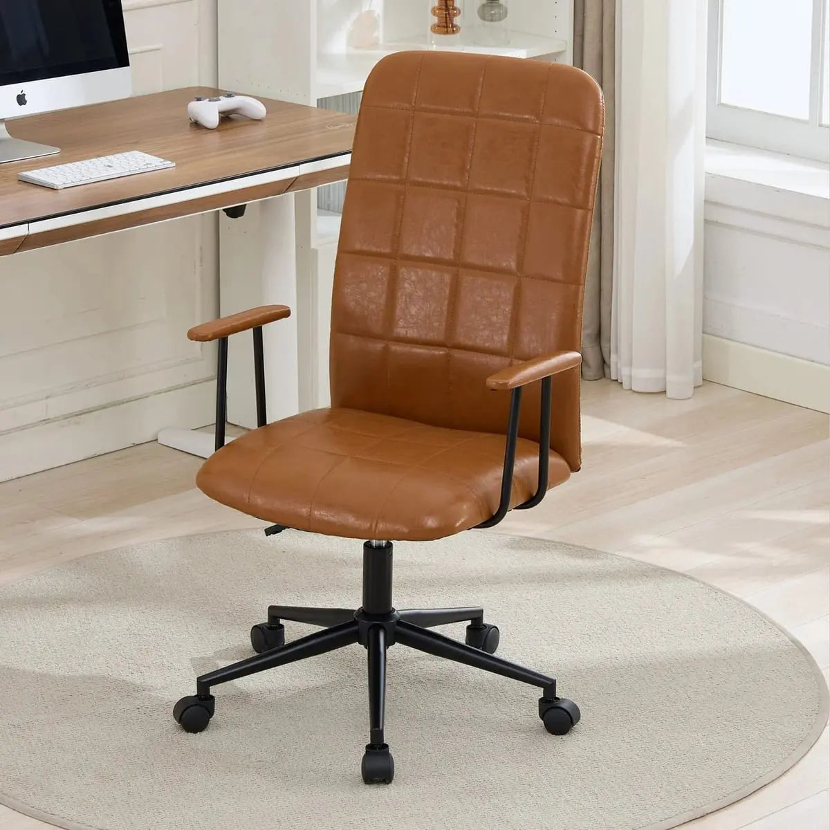 Ergonomic antique brown PU leather office chair with gas lift, 360 swivel, high back, and padded armrests by Platinum-Level Office Chairs.