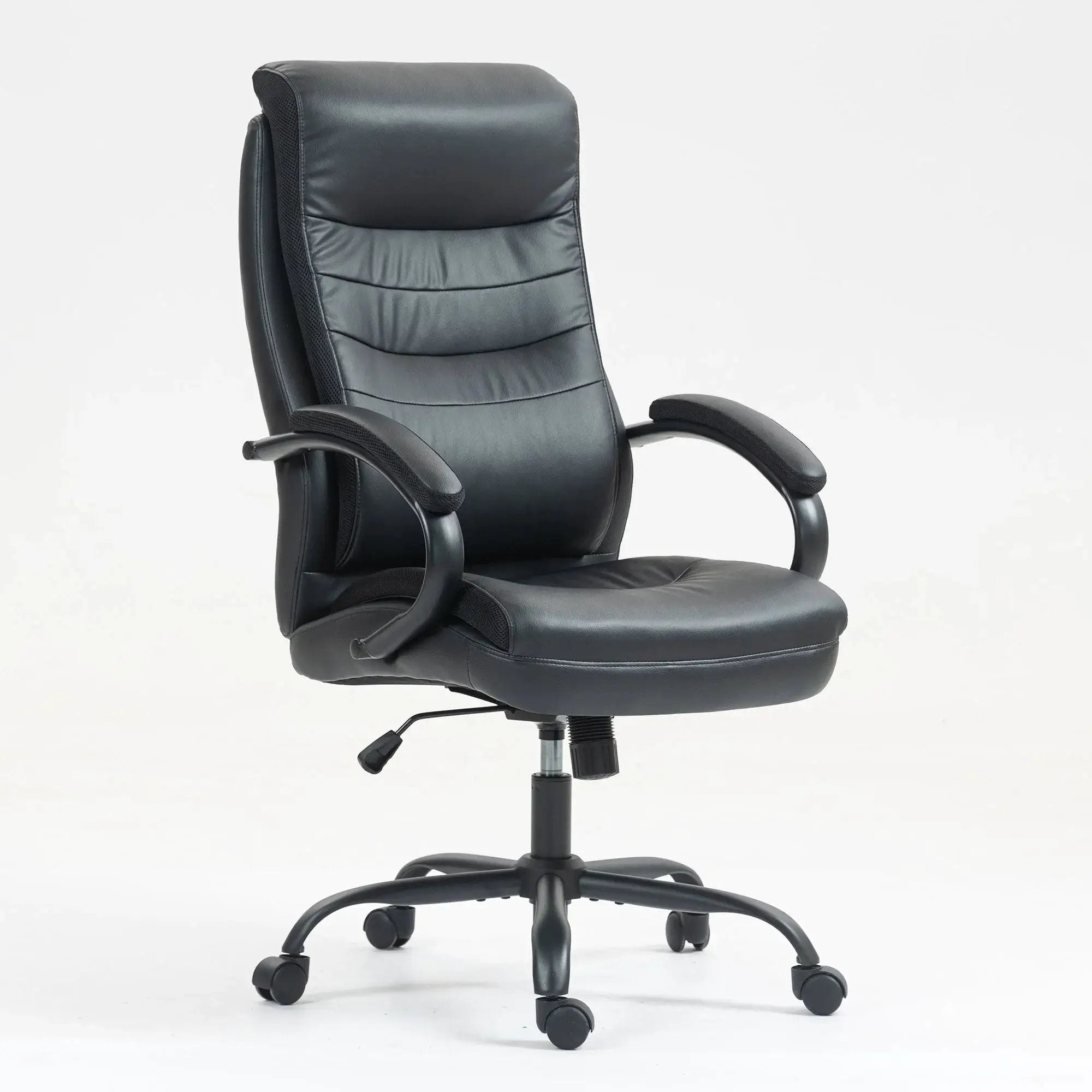 Black ergonomic office chair with high back, PU leather upholstery, adjustable height, recline, and lumbar support.