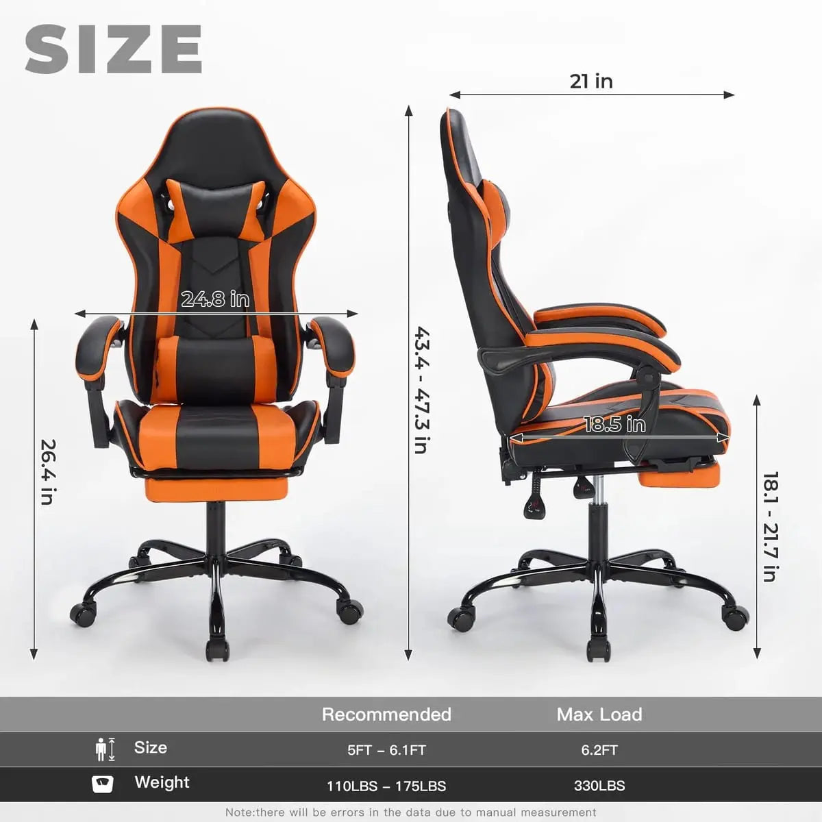 Black and orange ergonomic gaming chair with footrest, lumbar massage, high back support, and adjustable features from Platinum-Level Office Chairs.