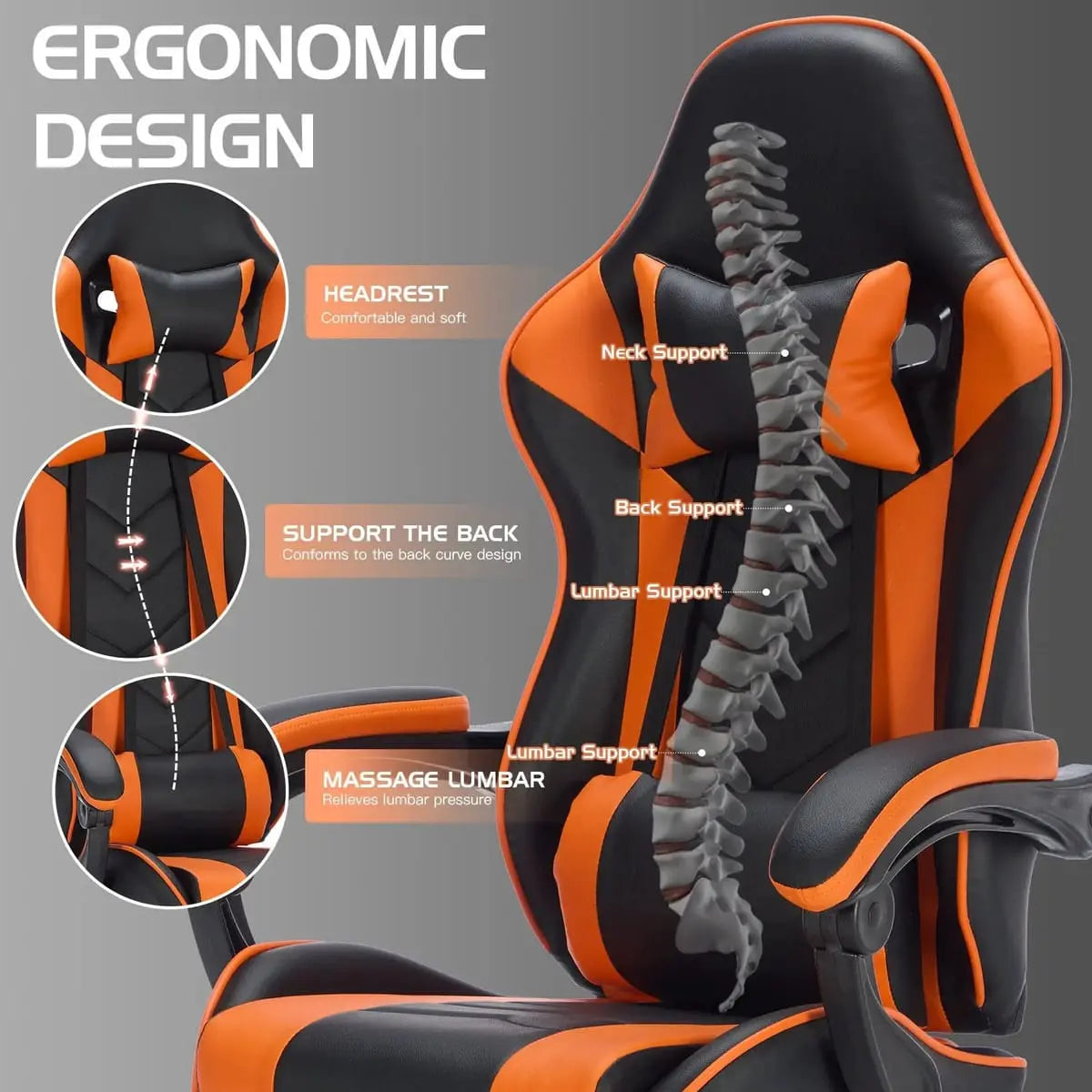 Ergonomic gaming chair by Platinum-Level Office Chairs with black and orange design, high back, footrest, lumbar massage, and adjustable support.