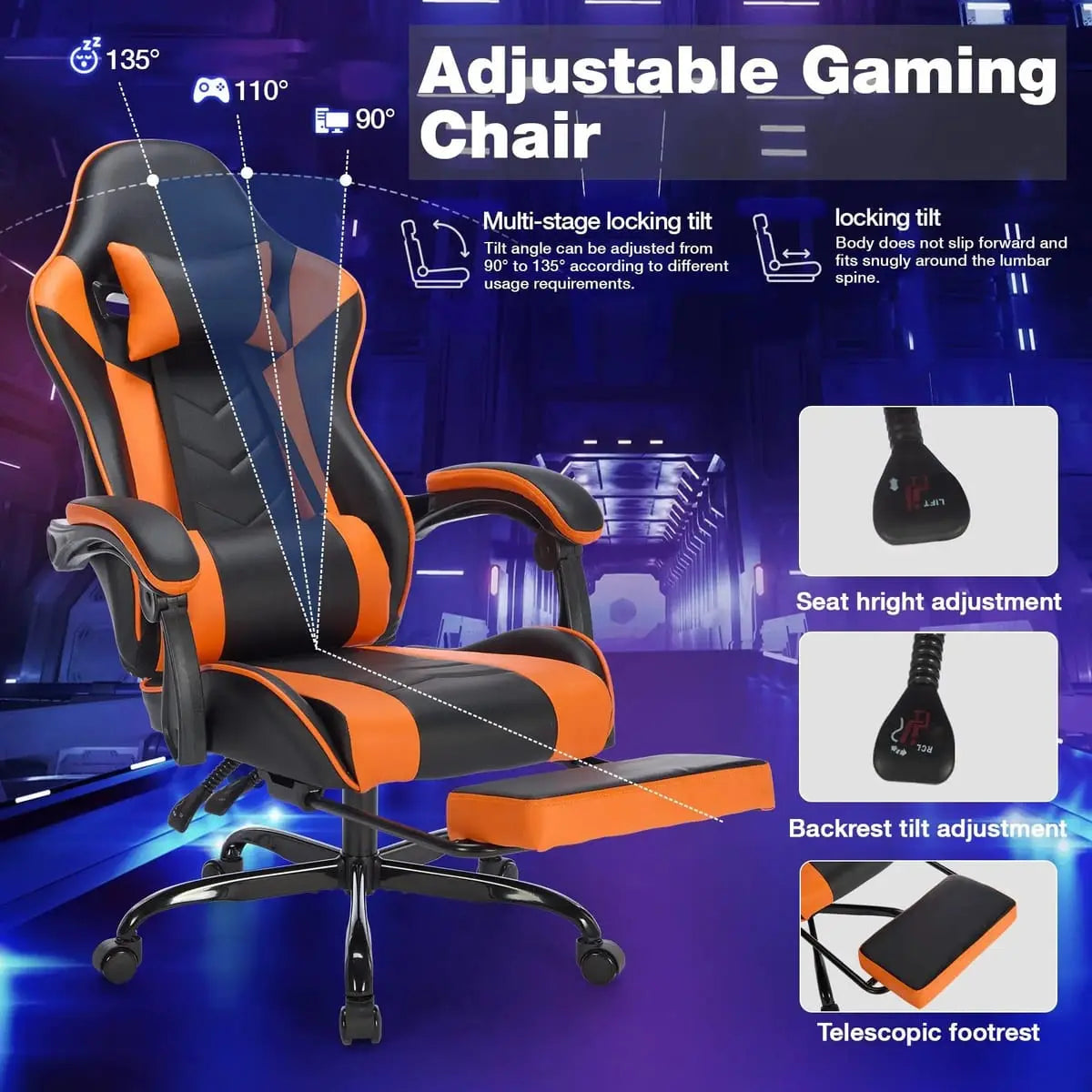 Ergonomic gaming chair with footrest, lumbar massage, high back support, adjustable features, in black and orange by Platinum-Level Office Chairs.