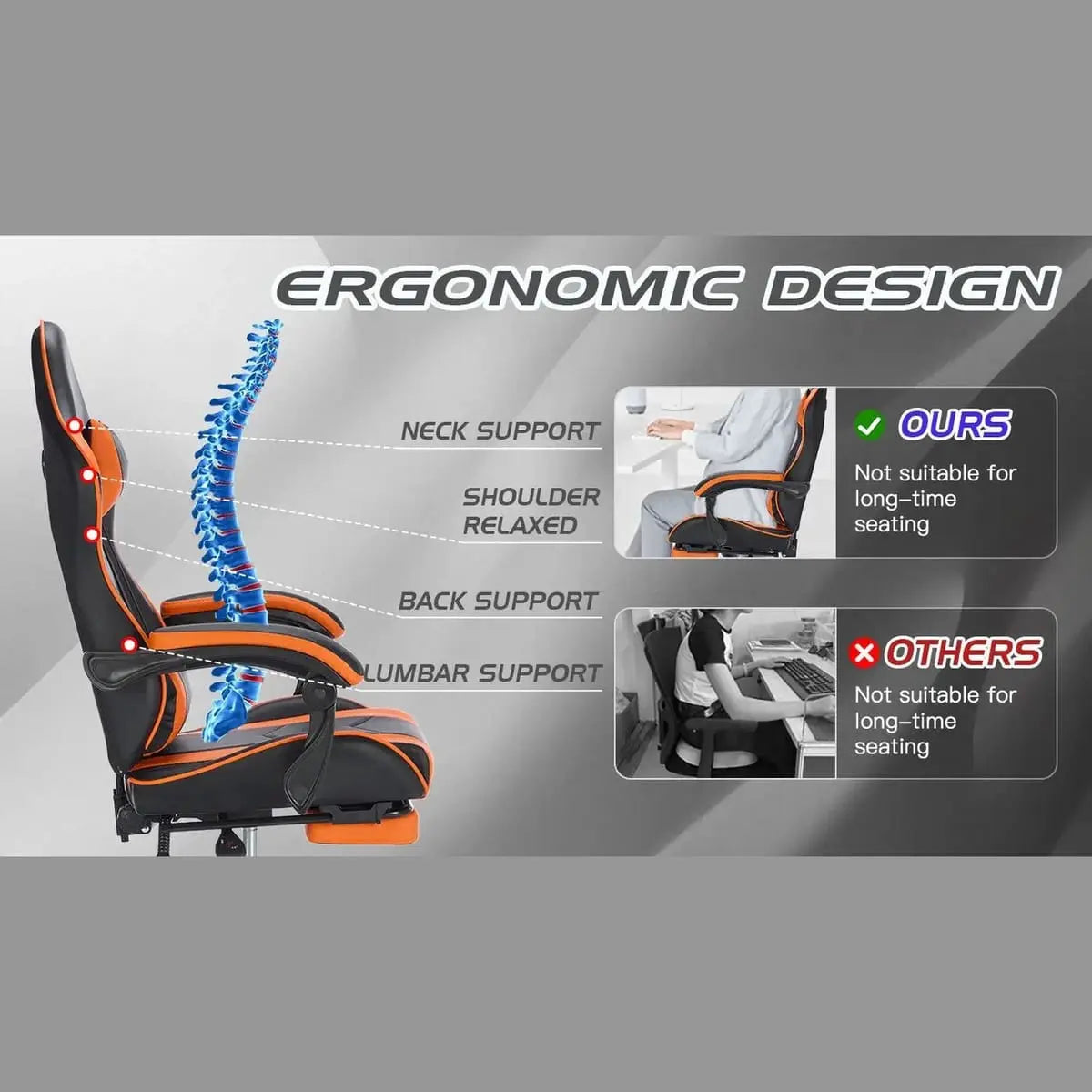 Black and orange ergonomic gaming chair by Platinum-Level Office Chairs with footrest, lumbar massage, high back, and adjustable support