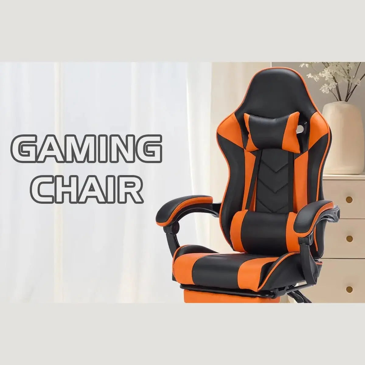 Ergonomic gaming chair by Platinum-Level Office Chairs with black and orange design, adjustable high back, footrest, and lumbar massage.