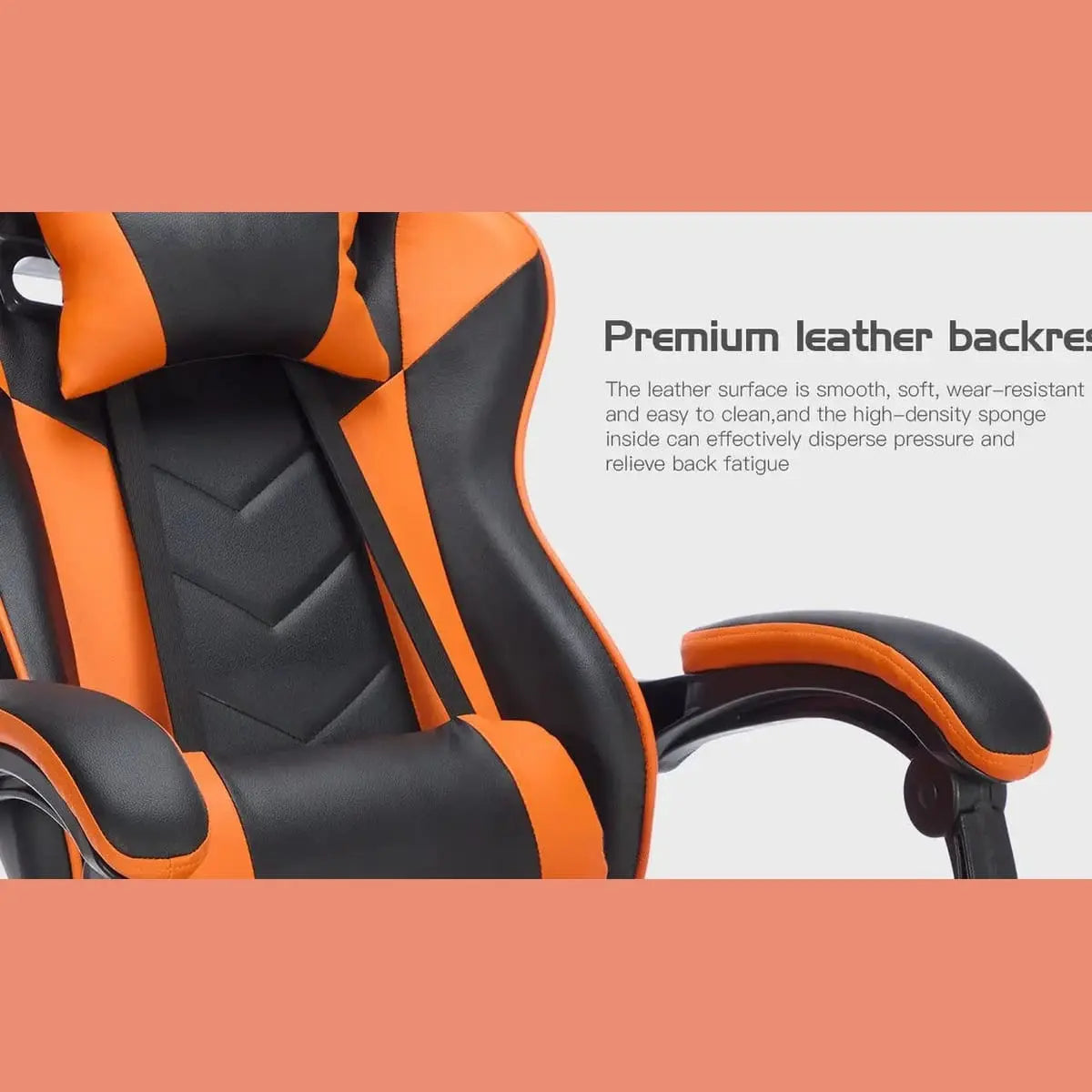 Black and orange ergonomic gaming chair by Platinum-Level Office Chairs with footrest, lumbar massage, high back, and adjustable support.