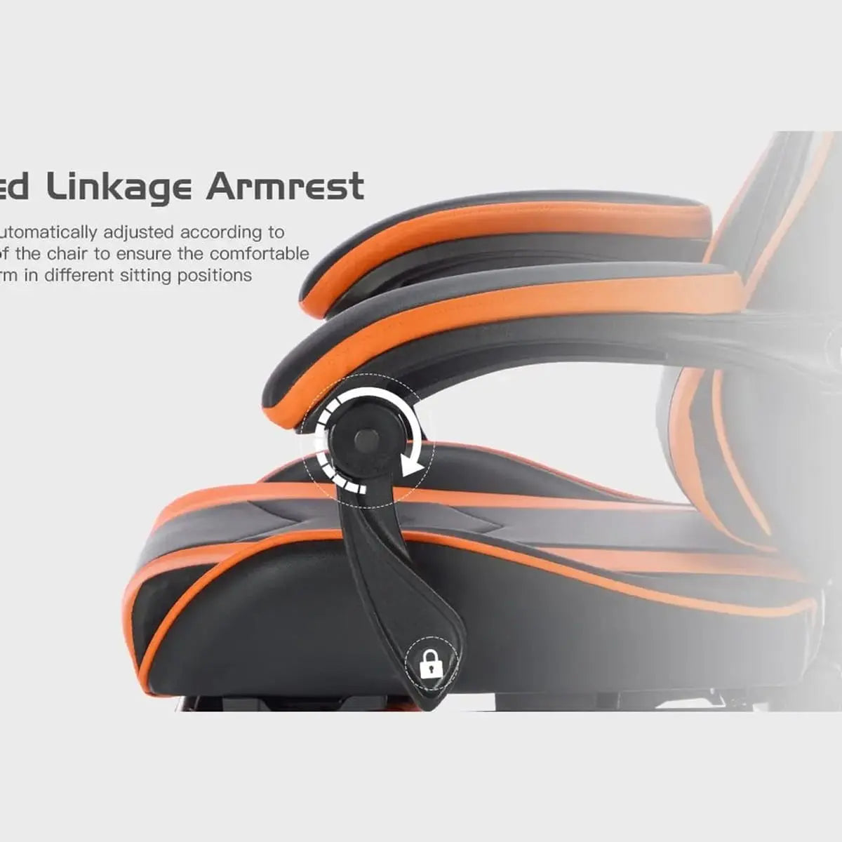 Black and orange ergonomic gaming chair by Platinum-Level Office Chairs with footrest, lumbar massage, high back, and adjustable support.