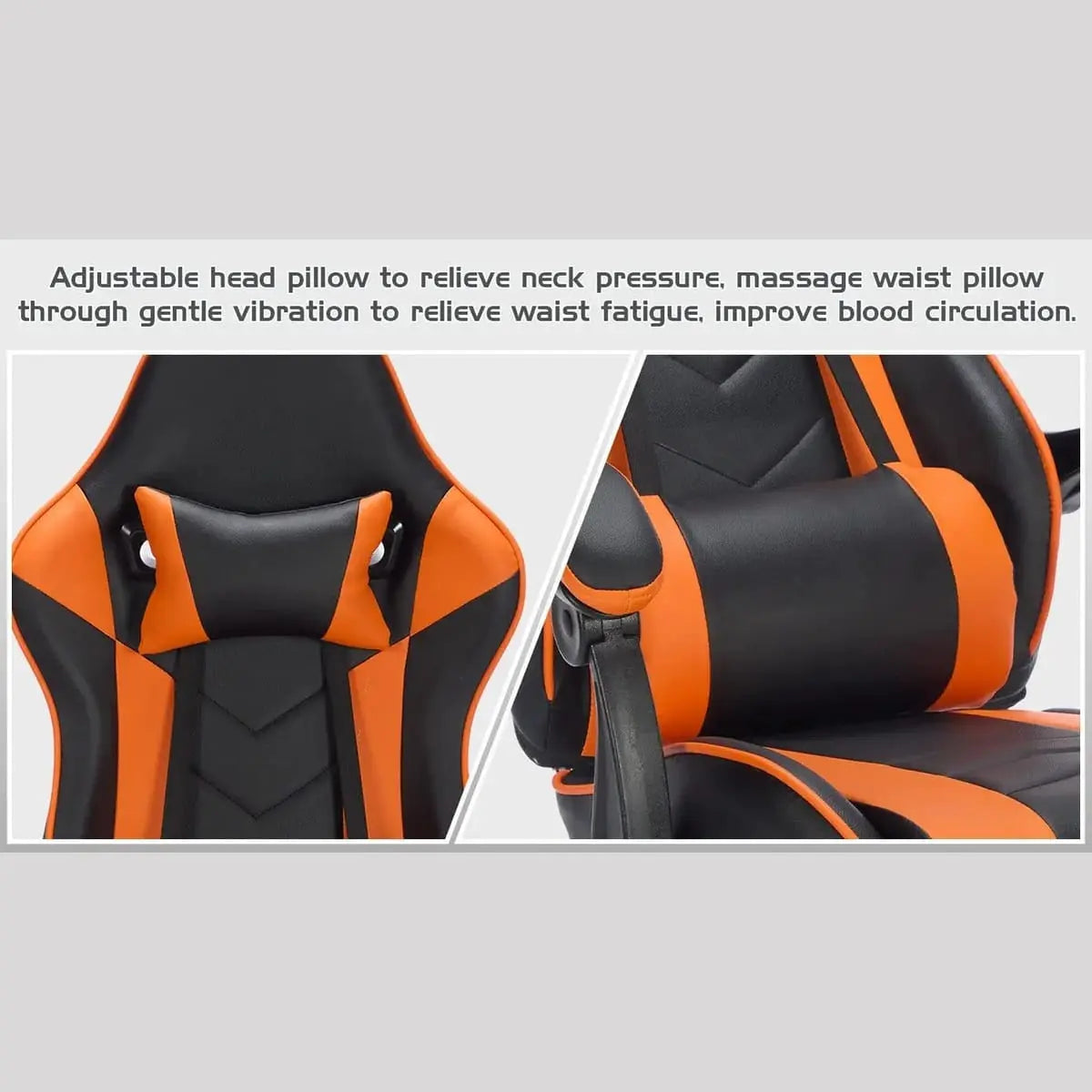 Black and orange ergonomic gaming chair with footrest, lumbar massage, high back support, and adjustable features by Platinum-Level Office Chairs.