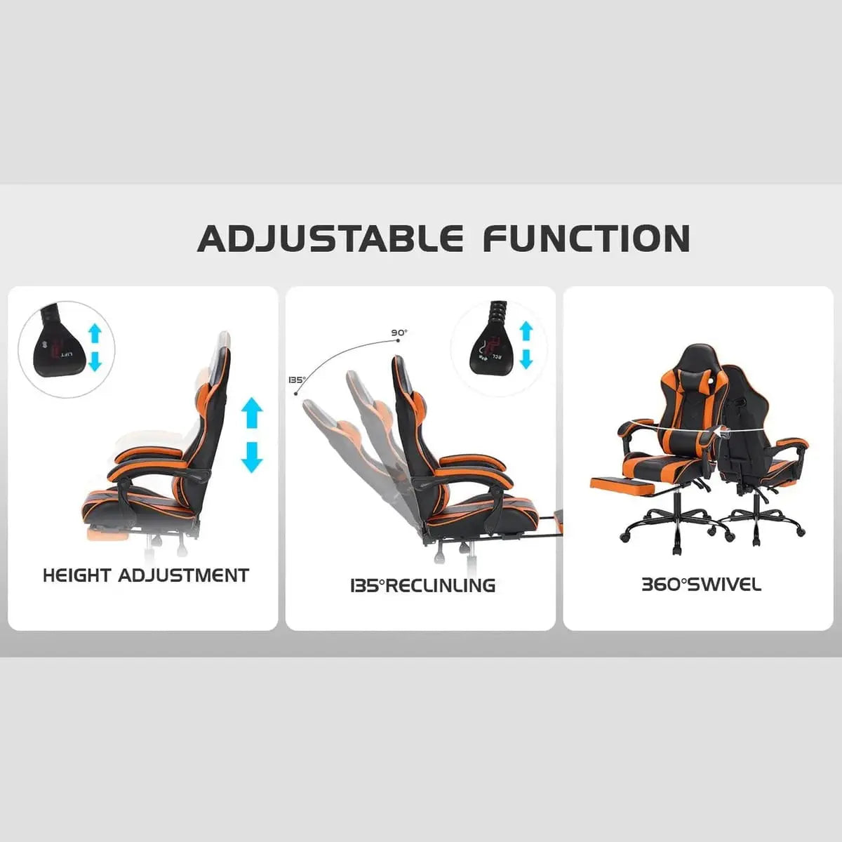 Ergonomic gaming chair with footrest, lumbar massage, high back support, adjustable features, black and orange color, by Platinum-Level Office Chairs.