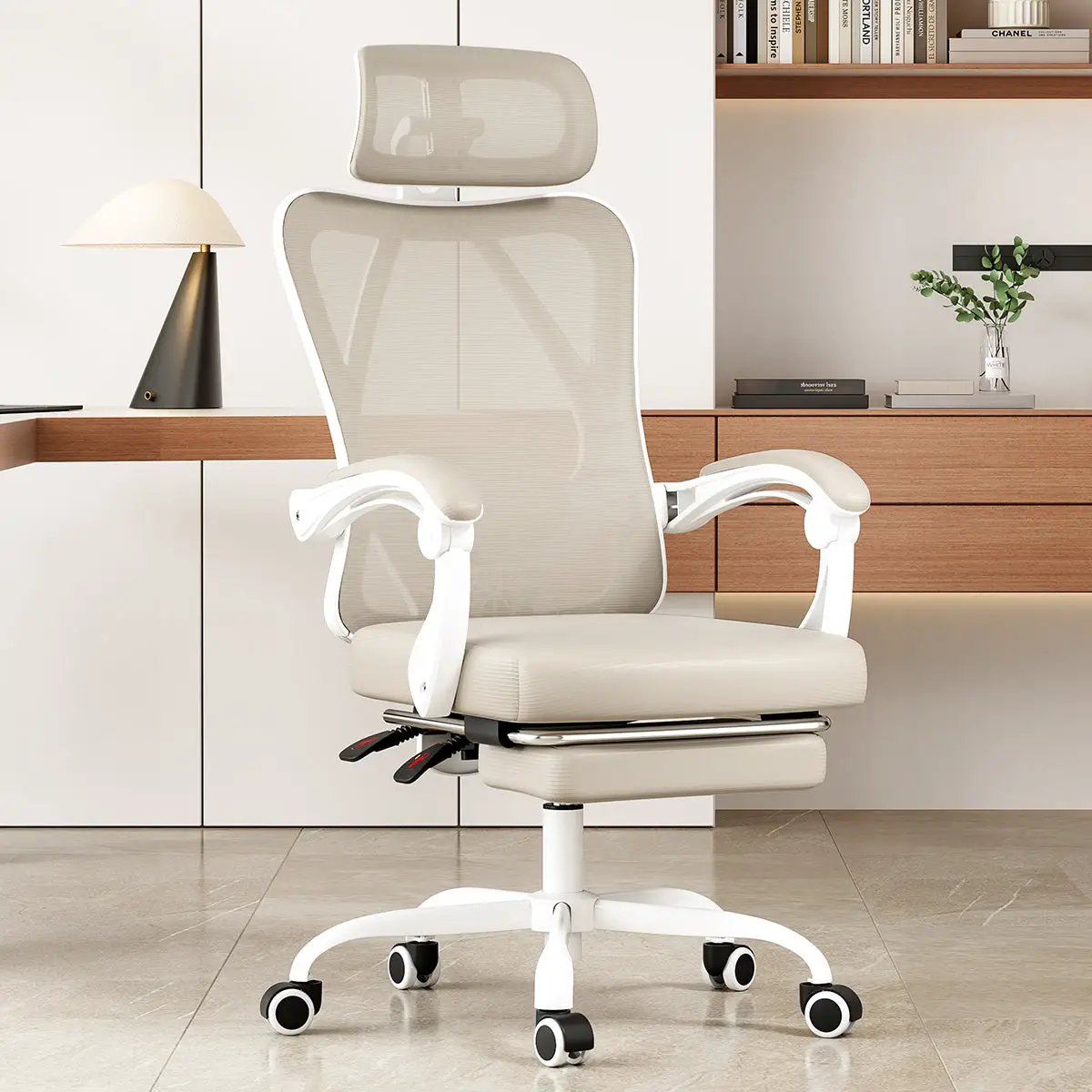 Ergonomic mesh office chair with footrest and adjustable lumbar support by Platinum-Level Office Chairs, showing the chair's design and features.