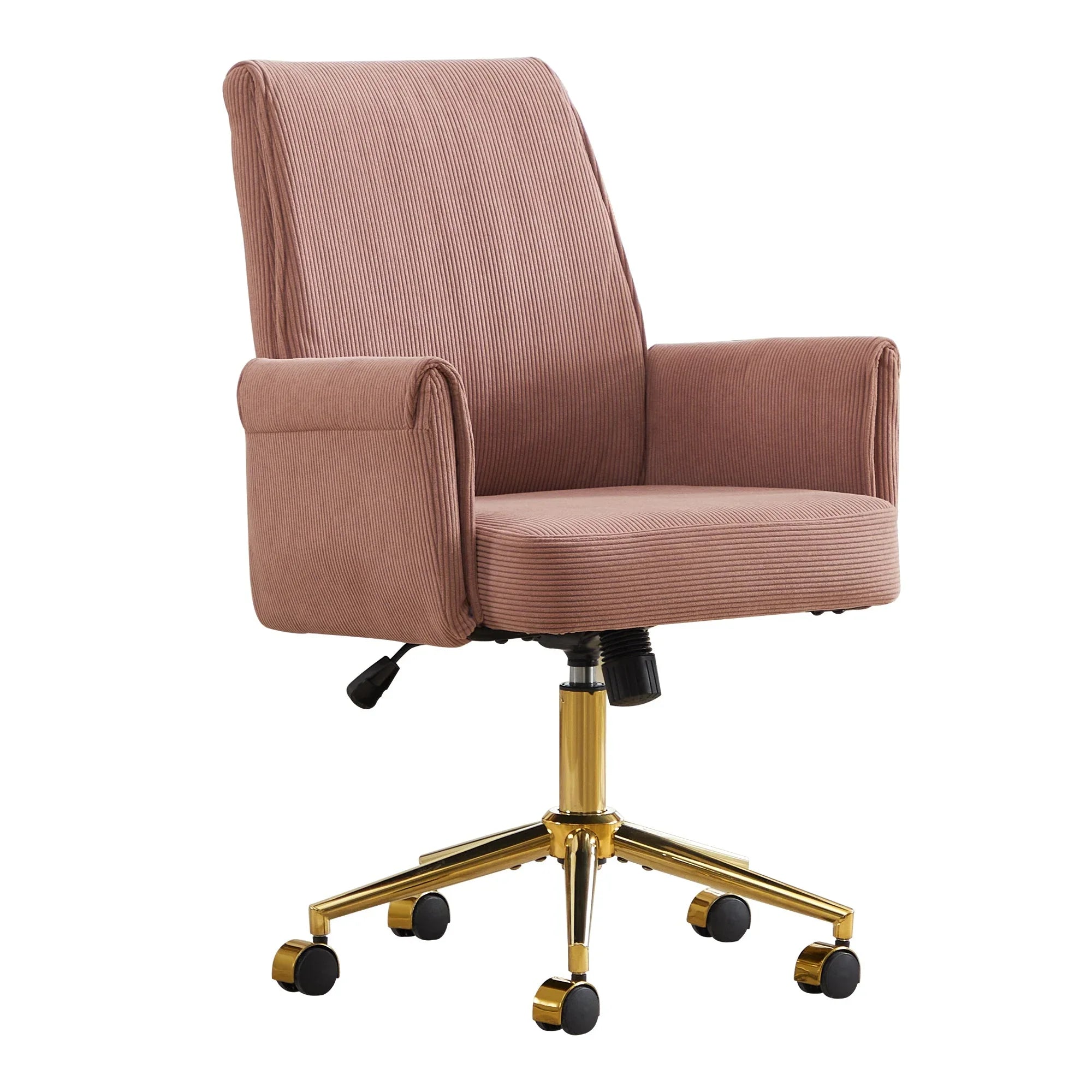 Ergonomic mid-back office chair with striped light pink corduroy upholstery and gold metal base for comfortable seating.