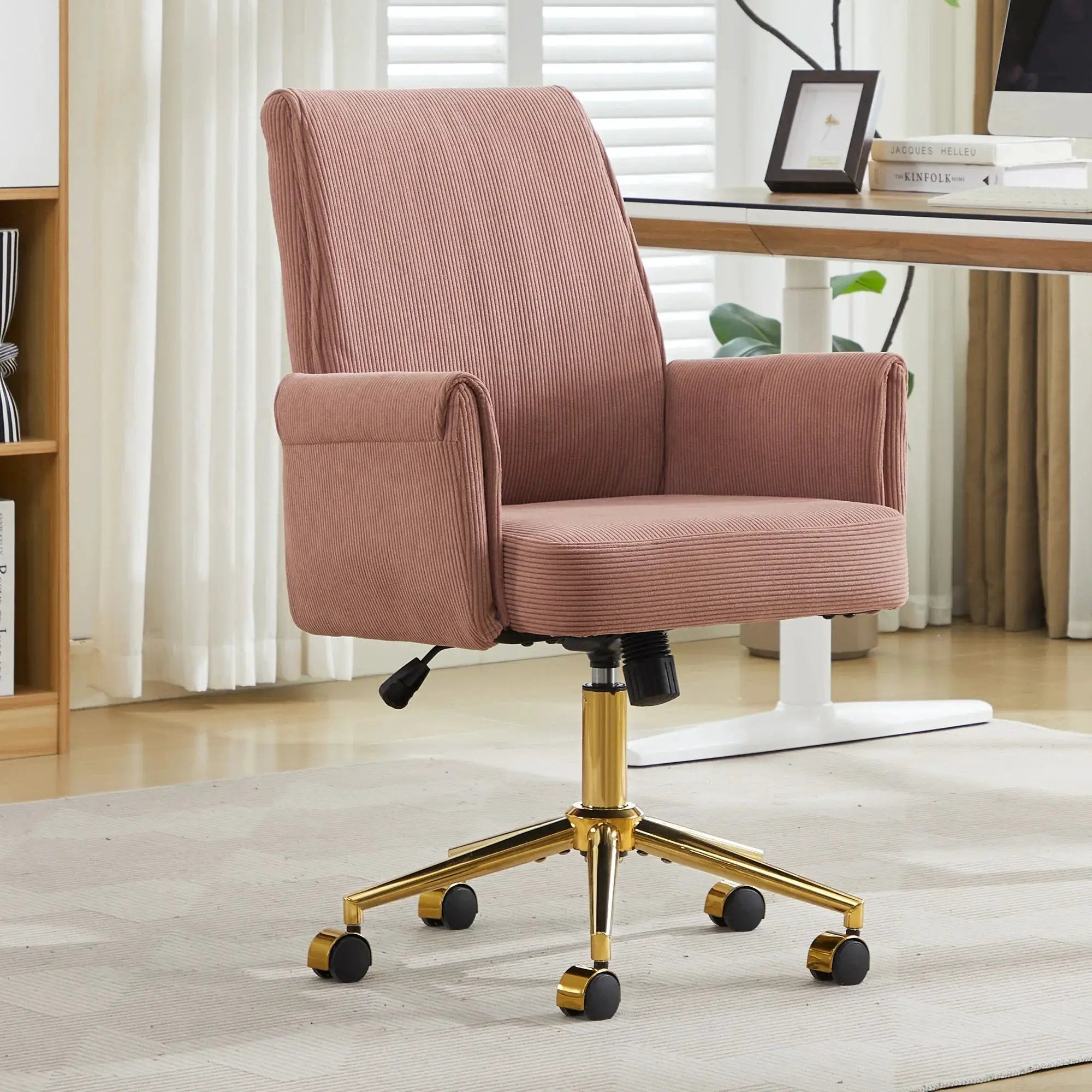 Ergonomic mid-back office chair with light pink striped corduroy upholstery and gold base by Platinum-Level Office Chairs.