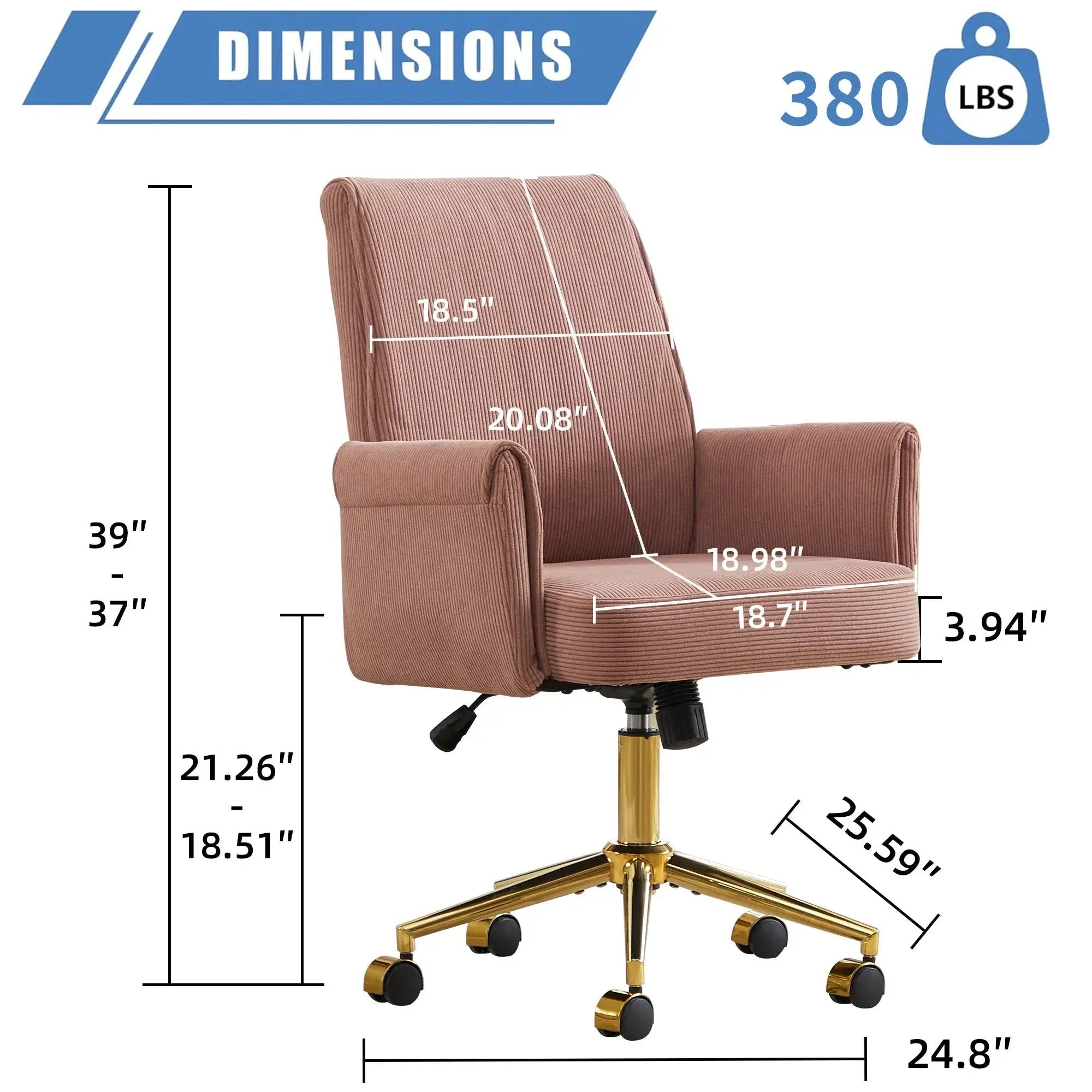 Ergonomic mid-back office chair with light pink striped corduroy upholstery and gold base by Platinum-Level Office Chairs