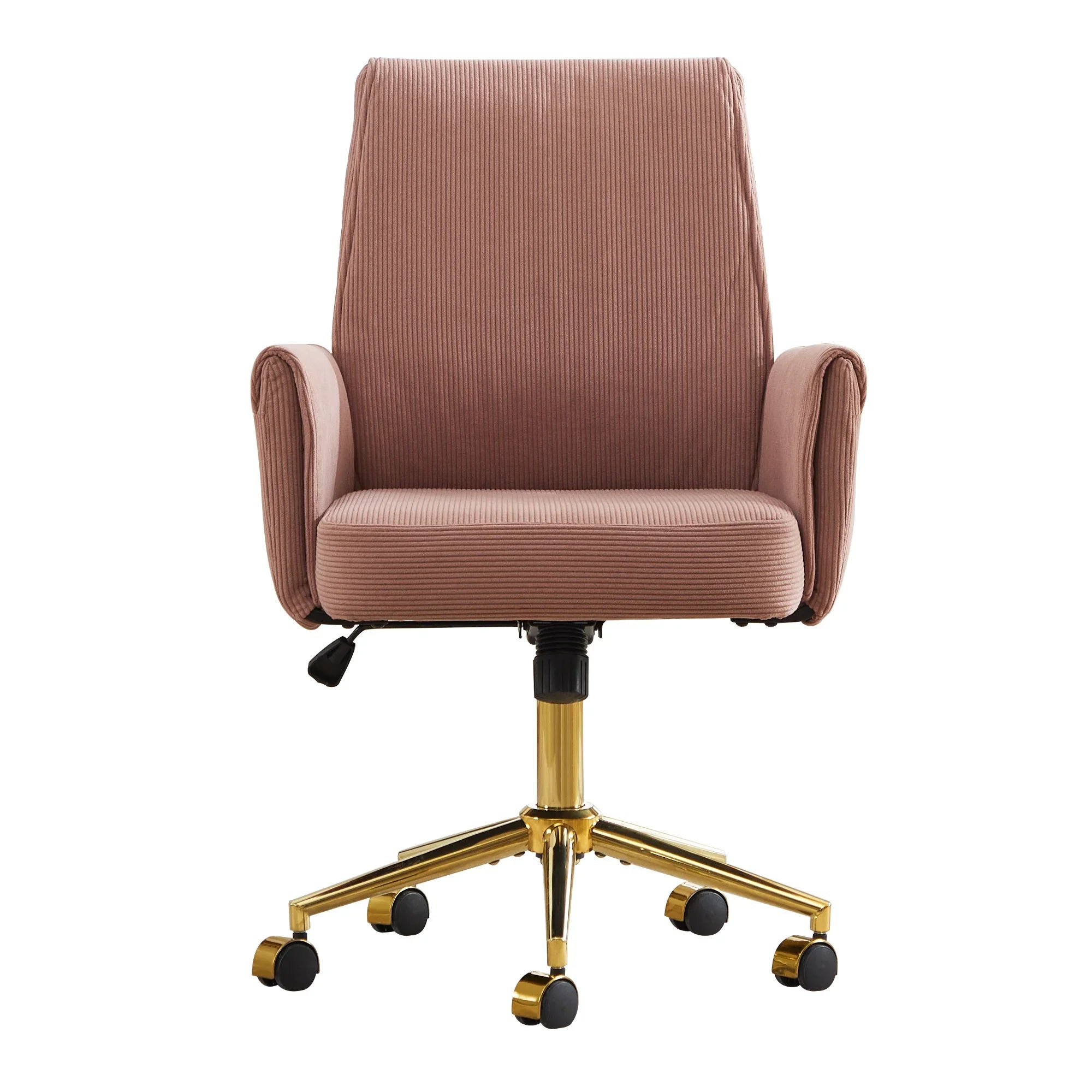 Ergonomic mid-back office chair with light pink striped corduroy upholstery and gold base by Platinum-Level Office Chairs.