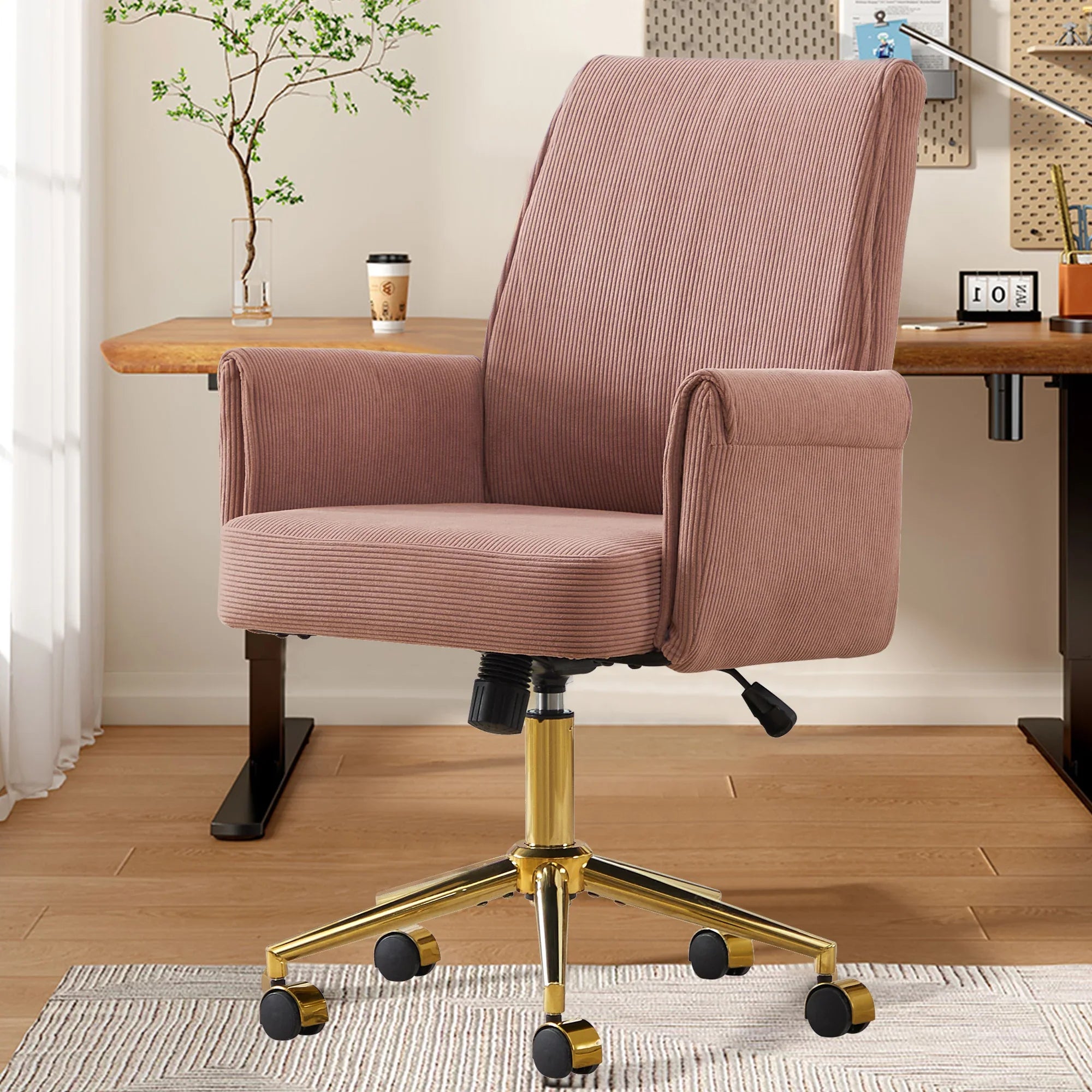 Ergonomic mid-back office chair with light pink striped corduroy upholstery and gold metal base from Platinum-Level Office Chairs.