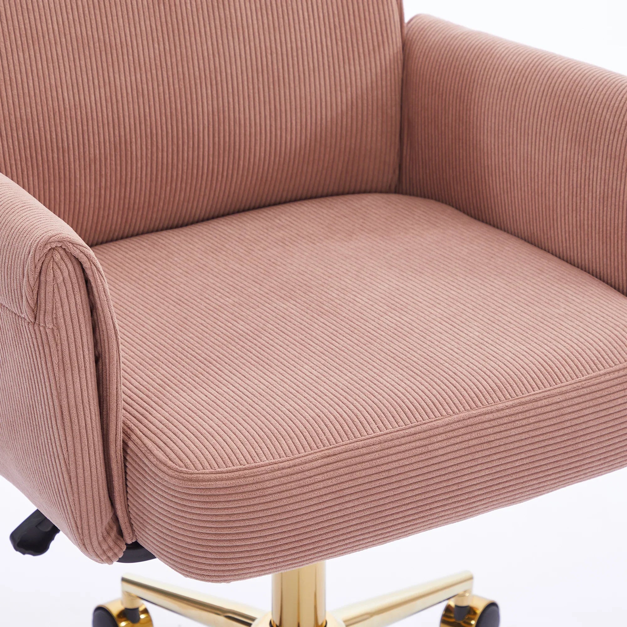 Ergonomic mid-back office chair with striped light pink corduroy upholstery and gold base by Platinum-Level Office Chairs.