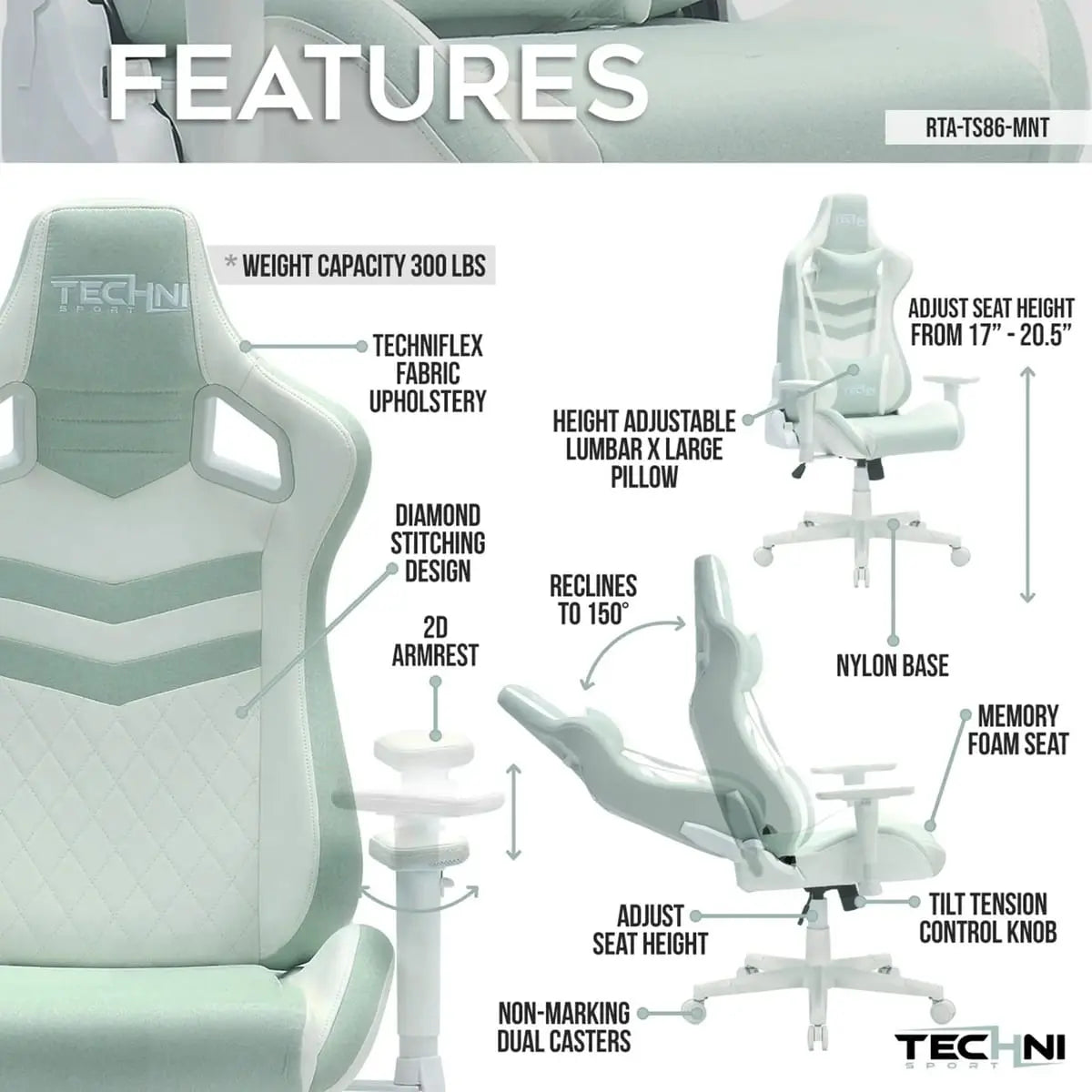 Ergonomic mint gaming chair TS86 by Platinum-Level Office Chairs with adjustable armrests and plush cushioning for all-day comfort.