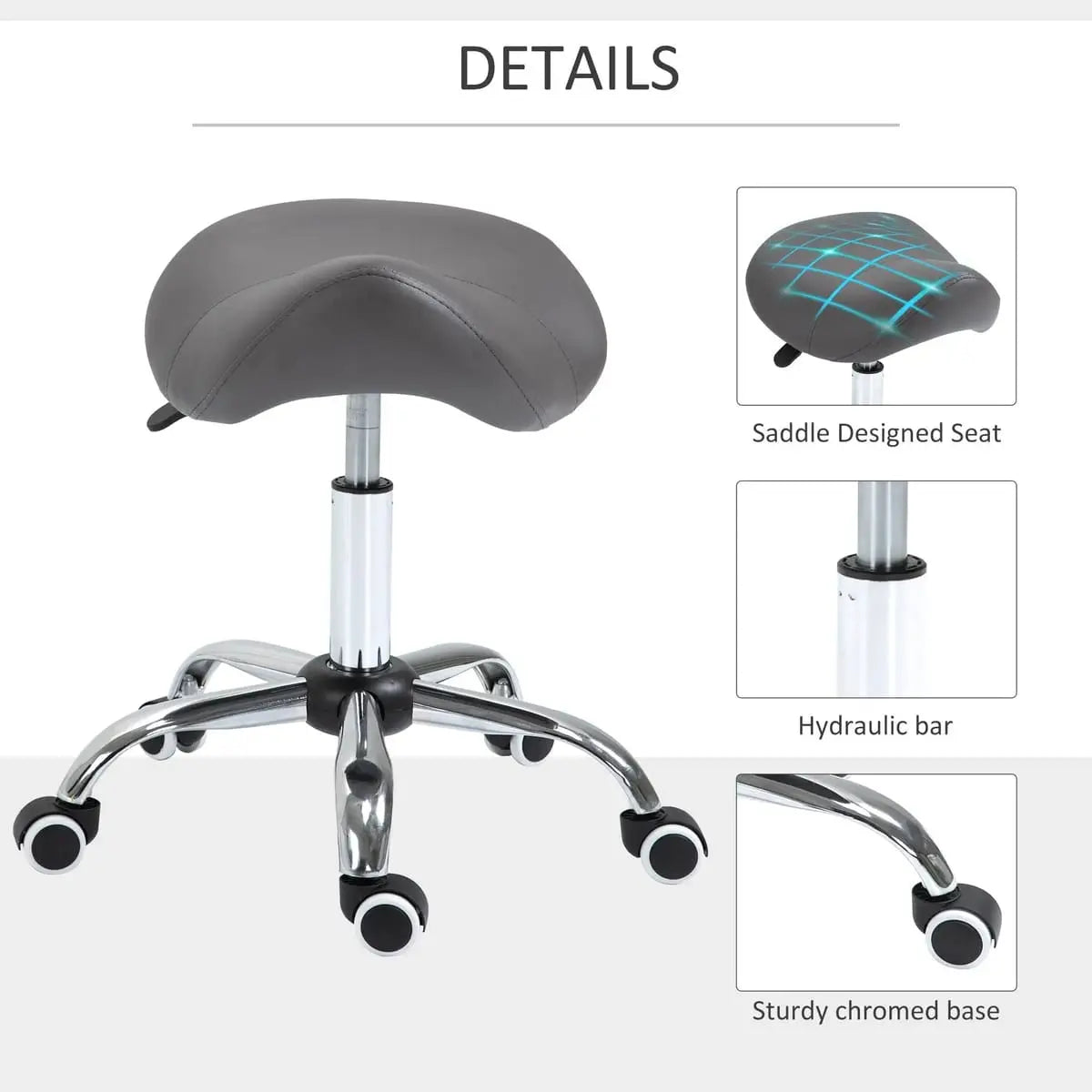 Ergonomic Platinum-Level Office Chairs rolling saddle stool with hydraulic height adjustment and cushioned seat.