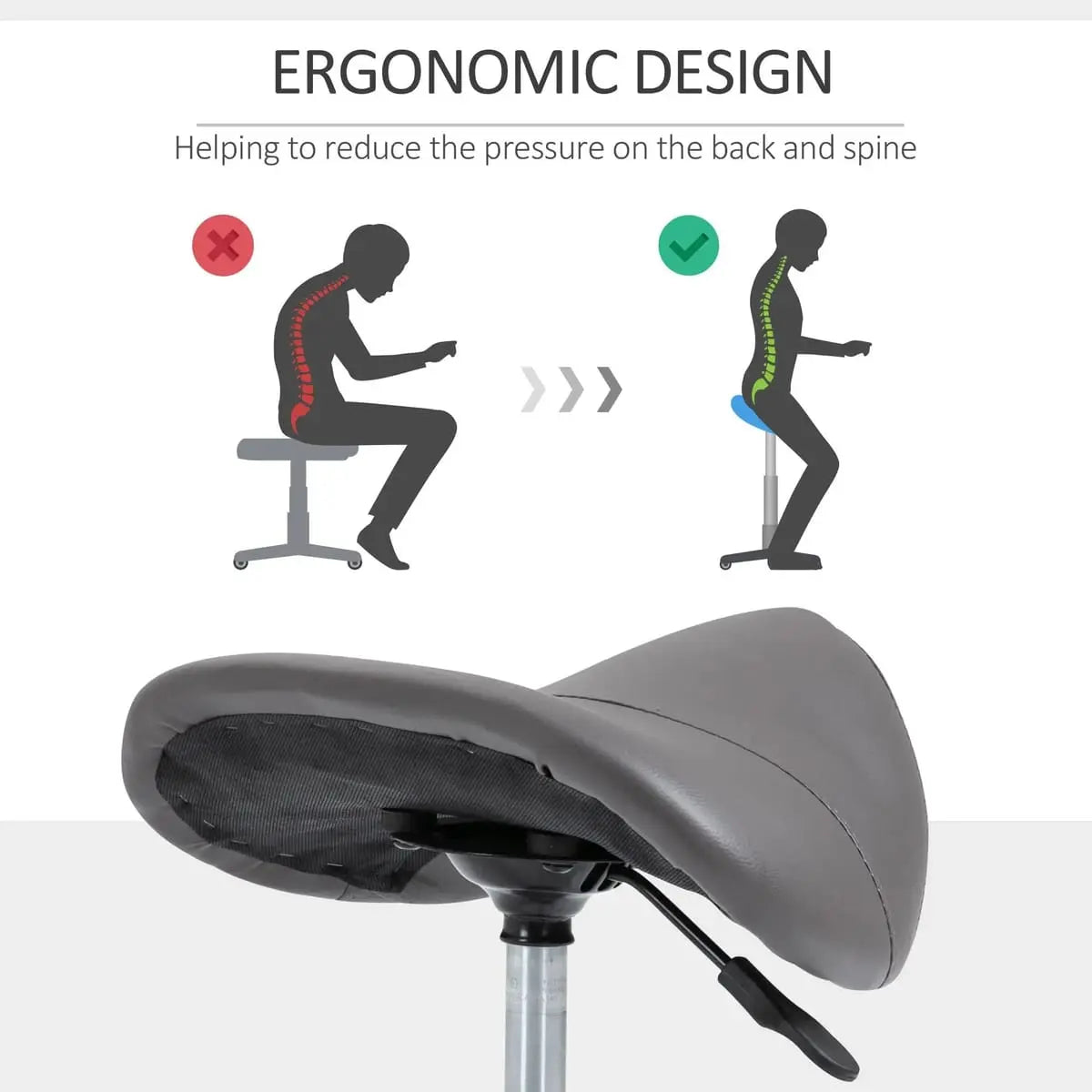Ergonomic Platinum-Level Office Chairs rolling saddle stool with hydraulic height adjustment, black seat and chrome base.