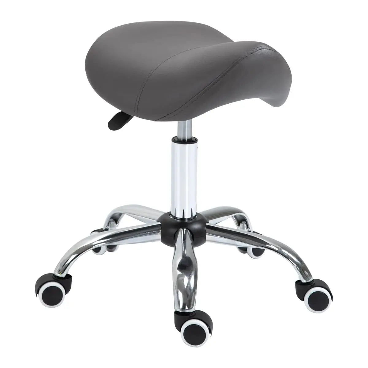 Ergonomic rolling saddle stool with hydraulic height adjustment from Platinum-Level Office Chairs, featuring a padded saddle seat and sturdy base.